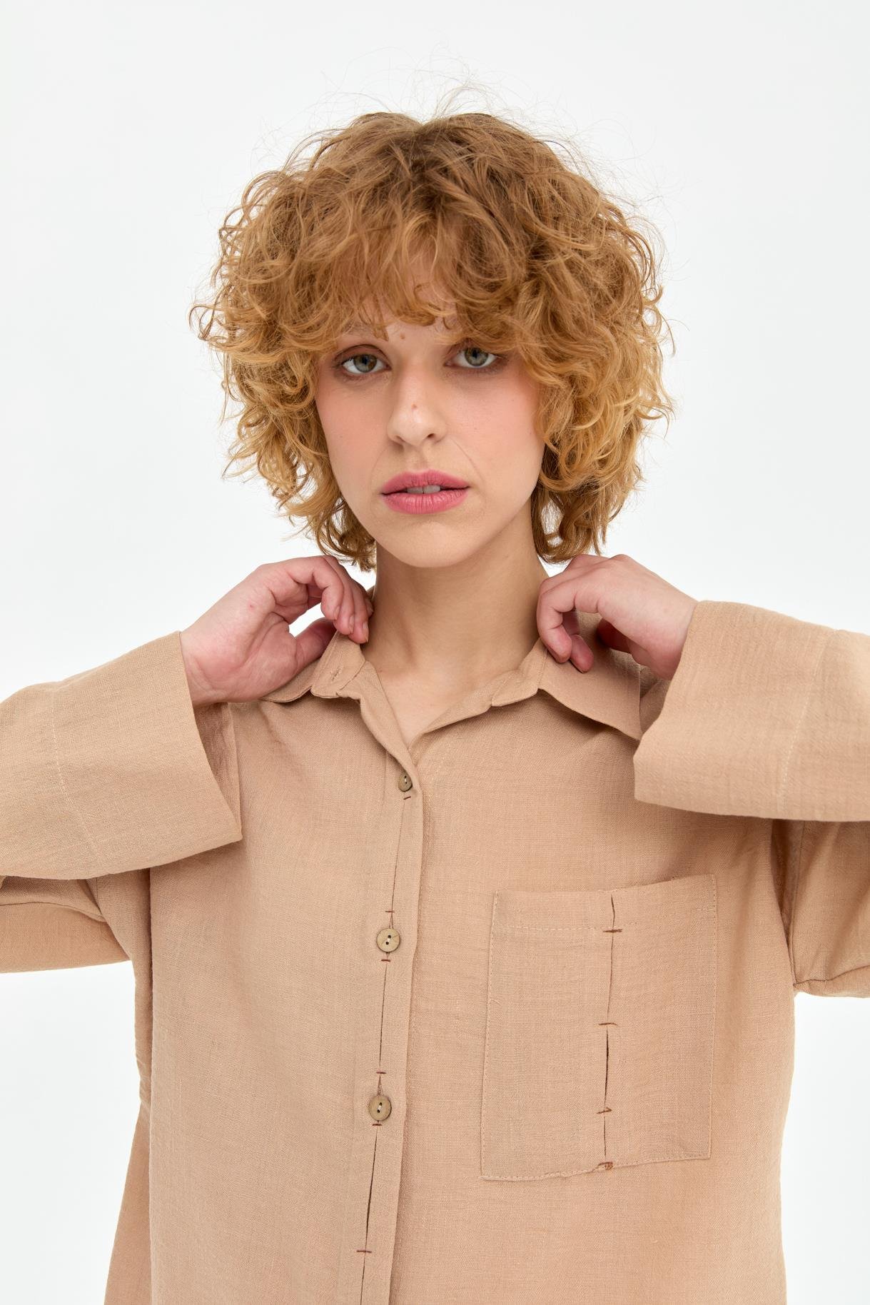 Cep Detaylı Keten Gömlek - CAMEL