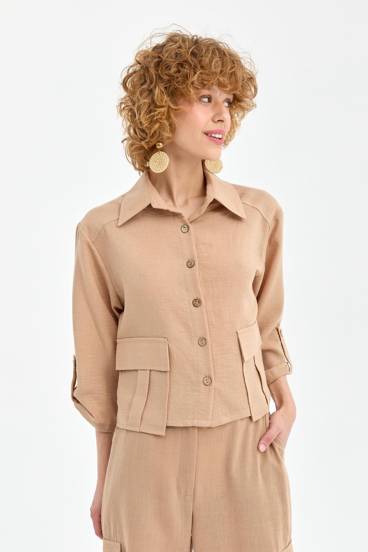 Cep Detaylı Keten Gömlek - CAMEL