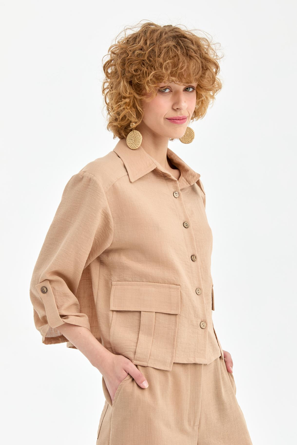 Cep Detaylı Keten Gömlek - CAMEL