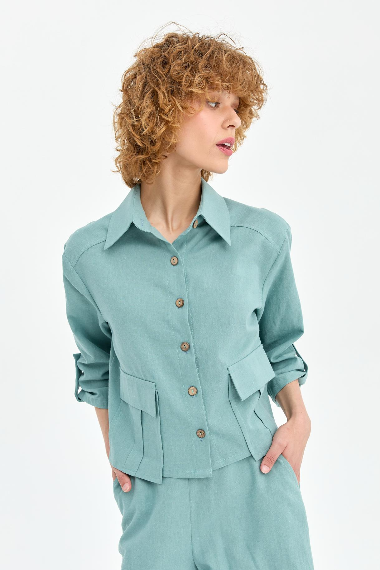 Cep Detaylı Keten Gömlek - MINT