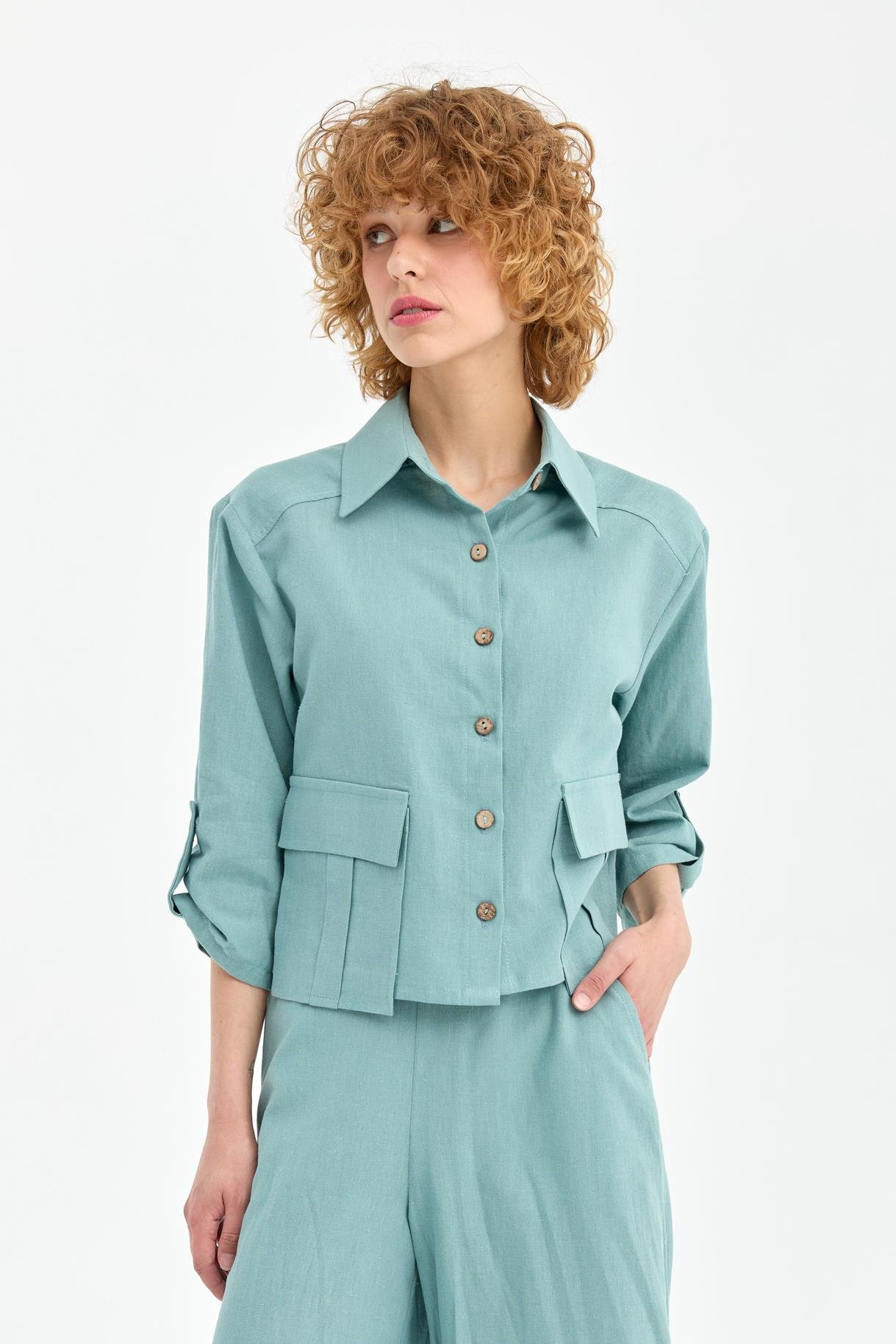 Cep Detaylı Keten Gömlek - MINT