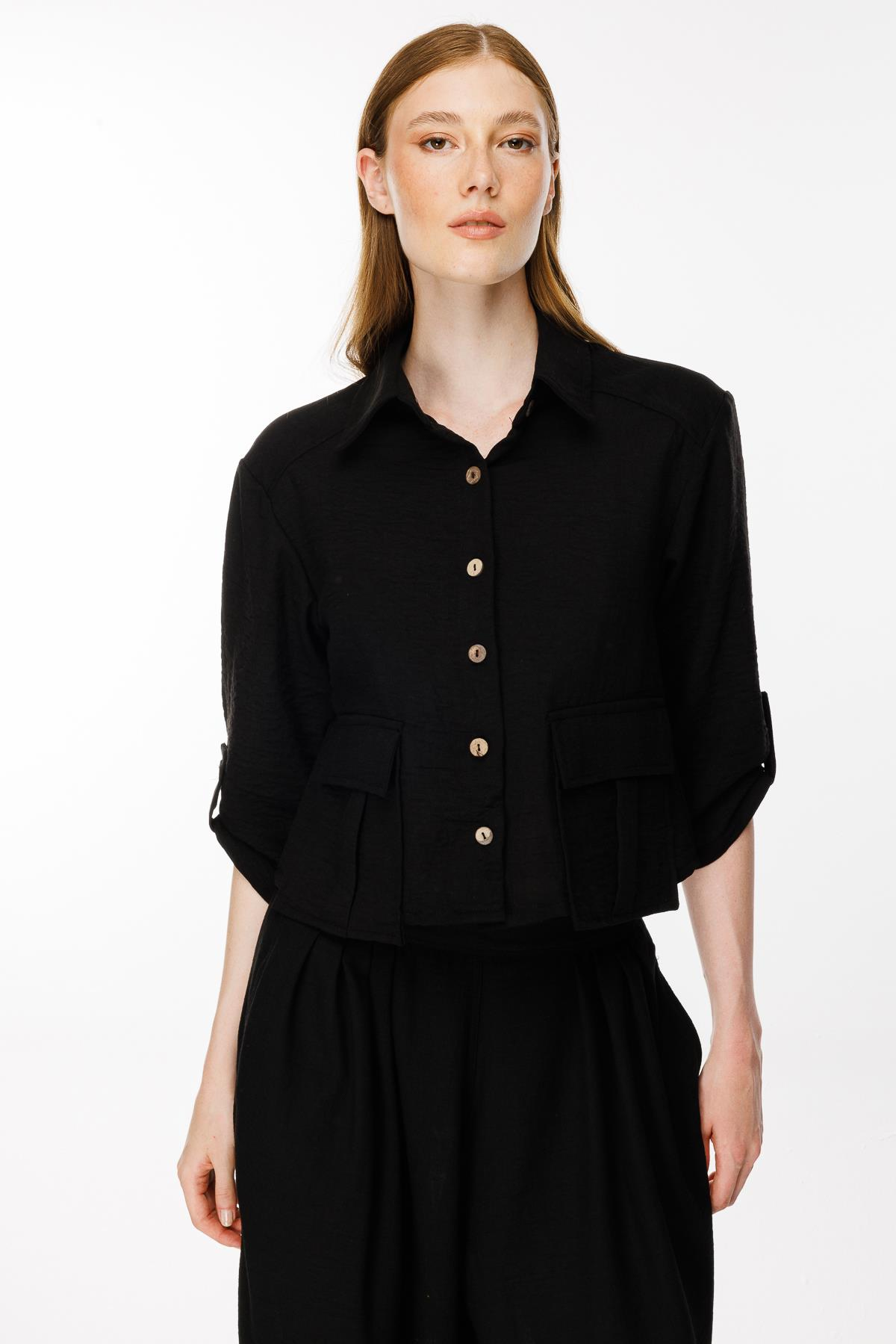 Cep Detaylı Keten Gömlek - SİYAH