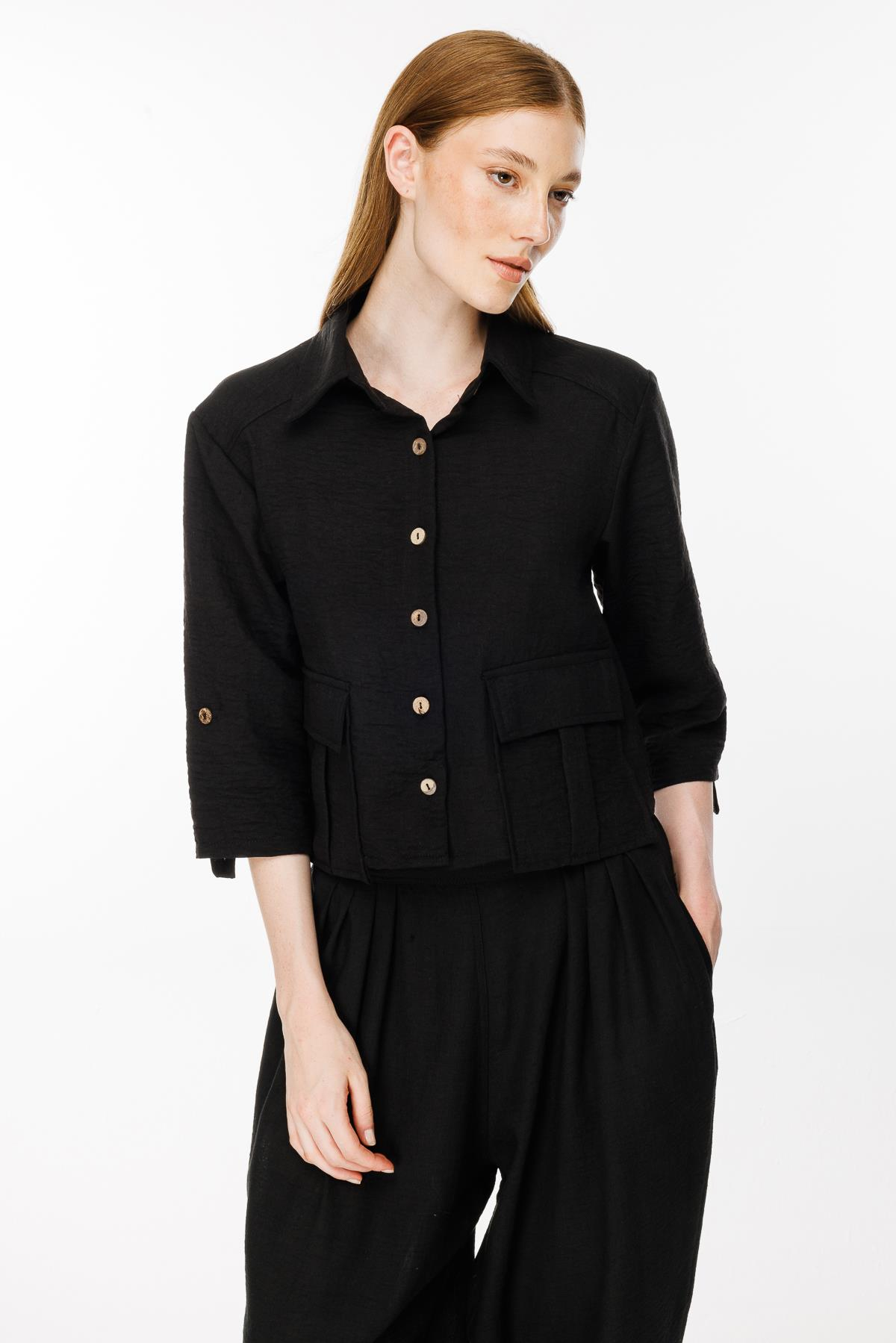 Cep Detaylı Keten Gömlek - SİYAH