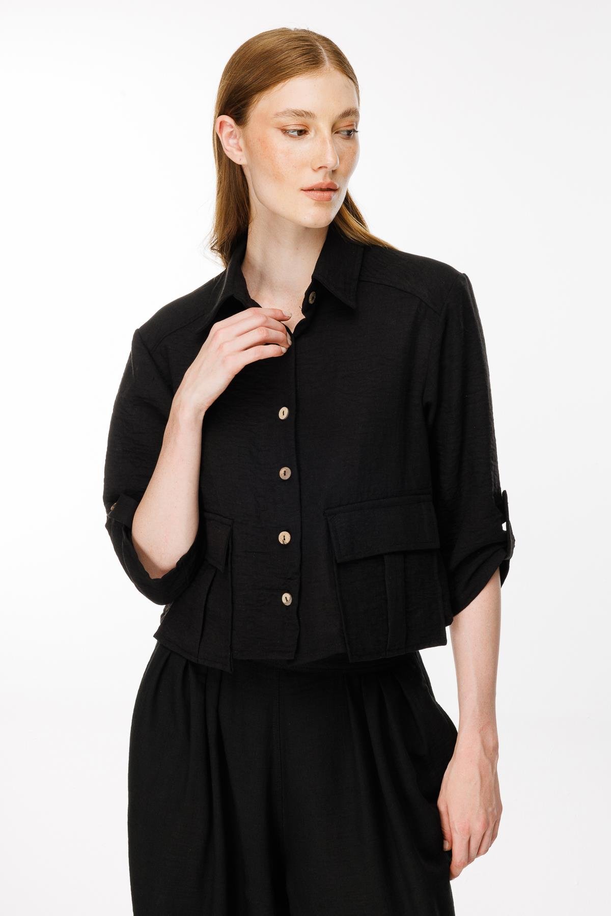 Cep Detaylı Keten Gömlek - SİYAH