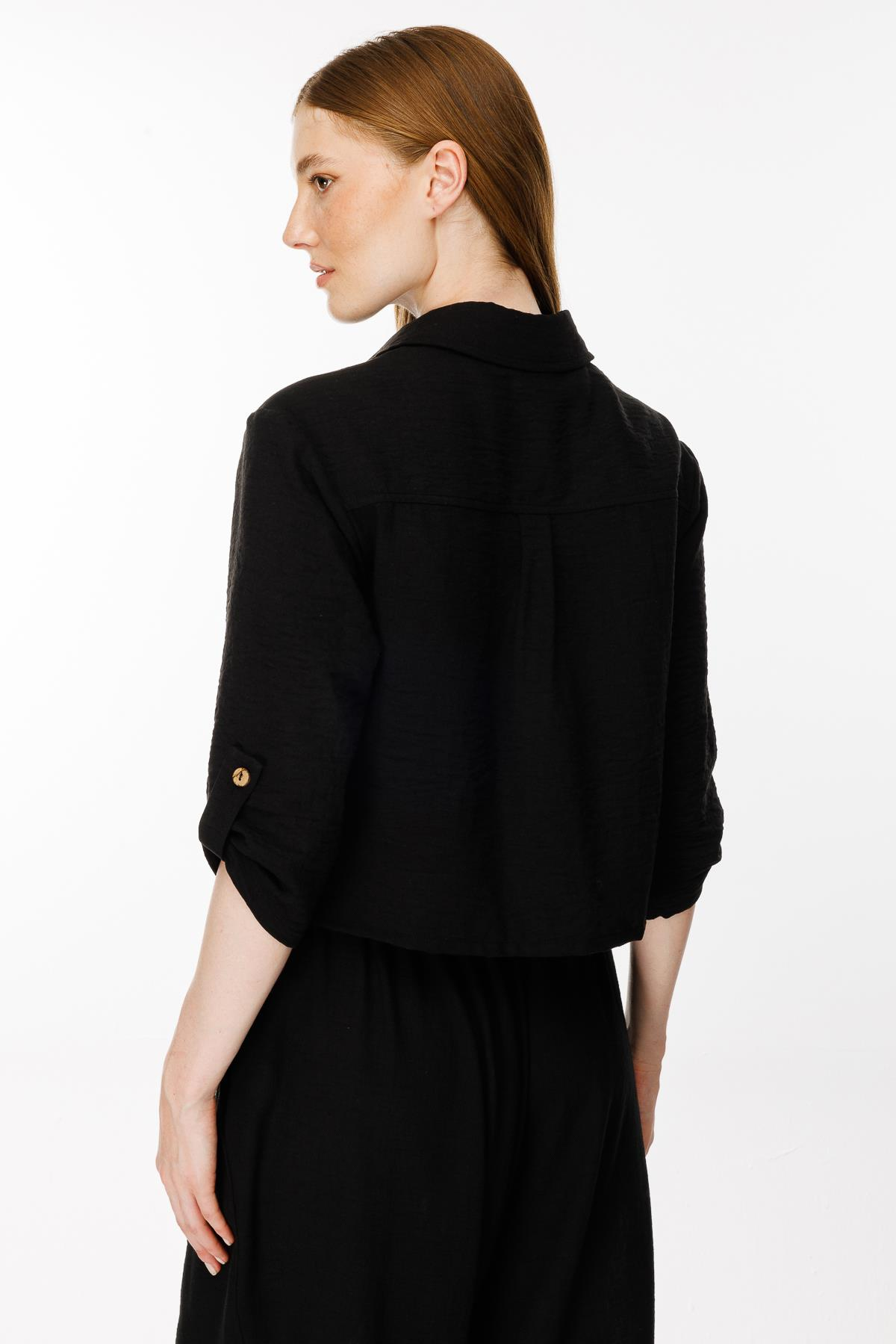 Cep Detaylı Keten Gömlek - SİYAH