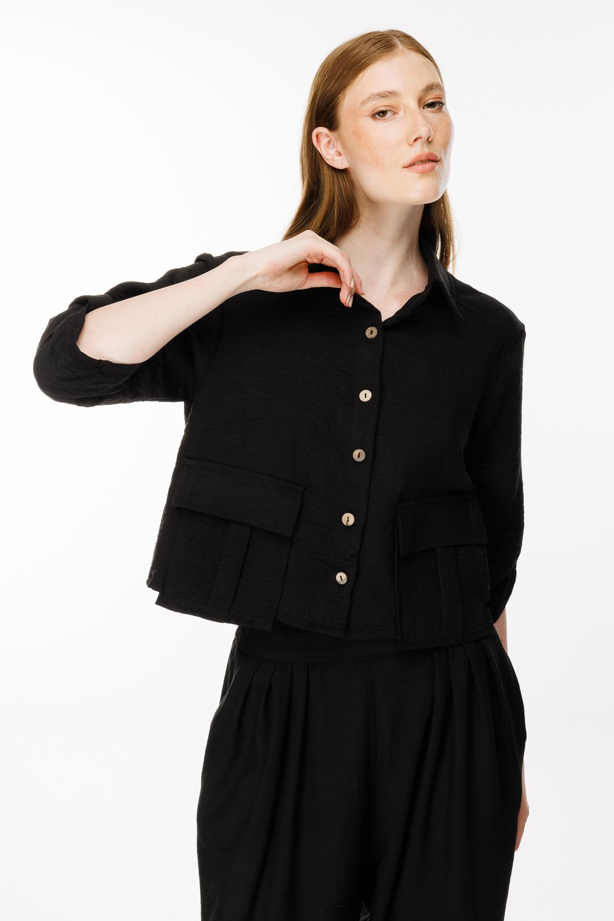 Cep Detaylı Keten Gömlek - SİYAH