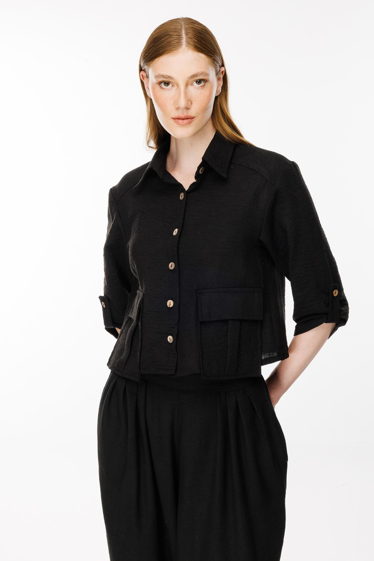 Cep Detaylı Keten Gömlek - SİYAH