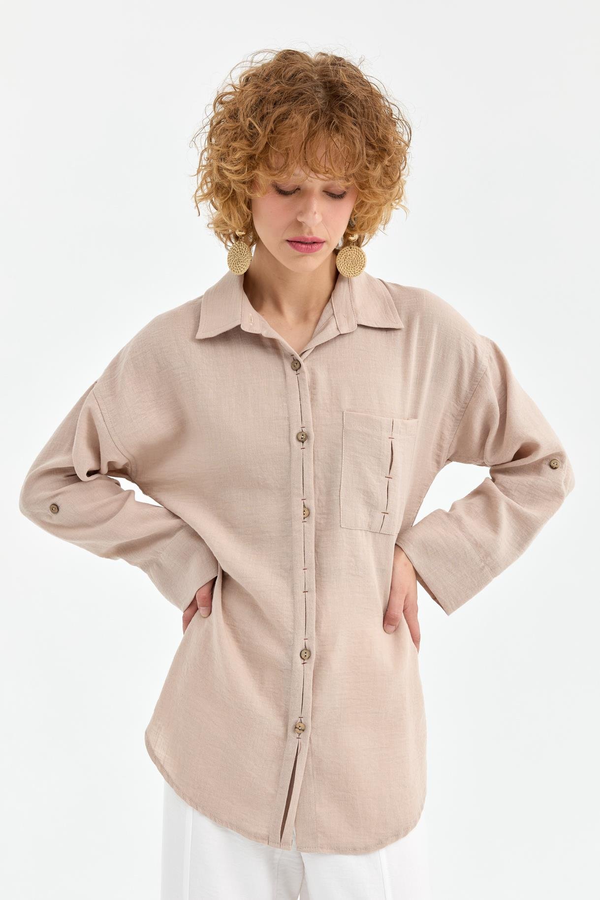 Cep Detaylı Keten Gömlek - TAŞ