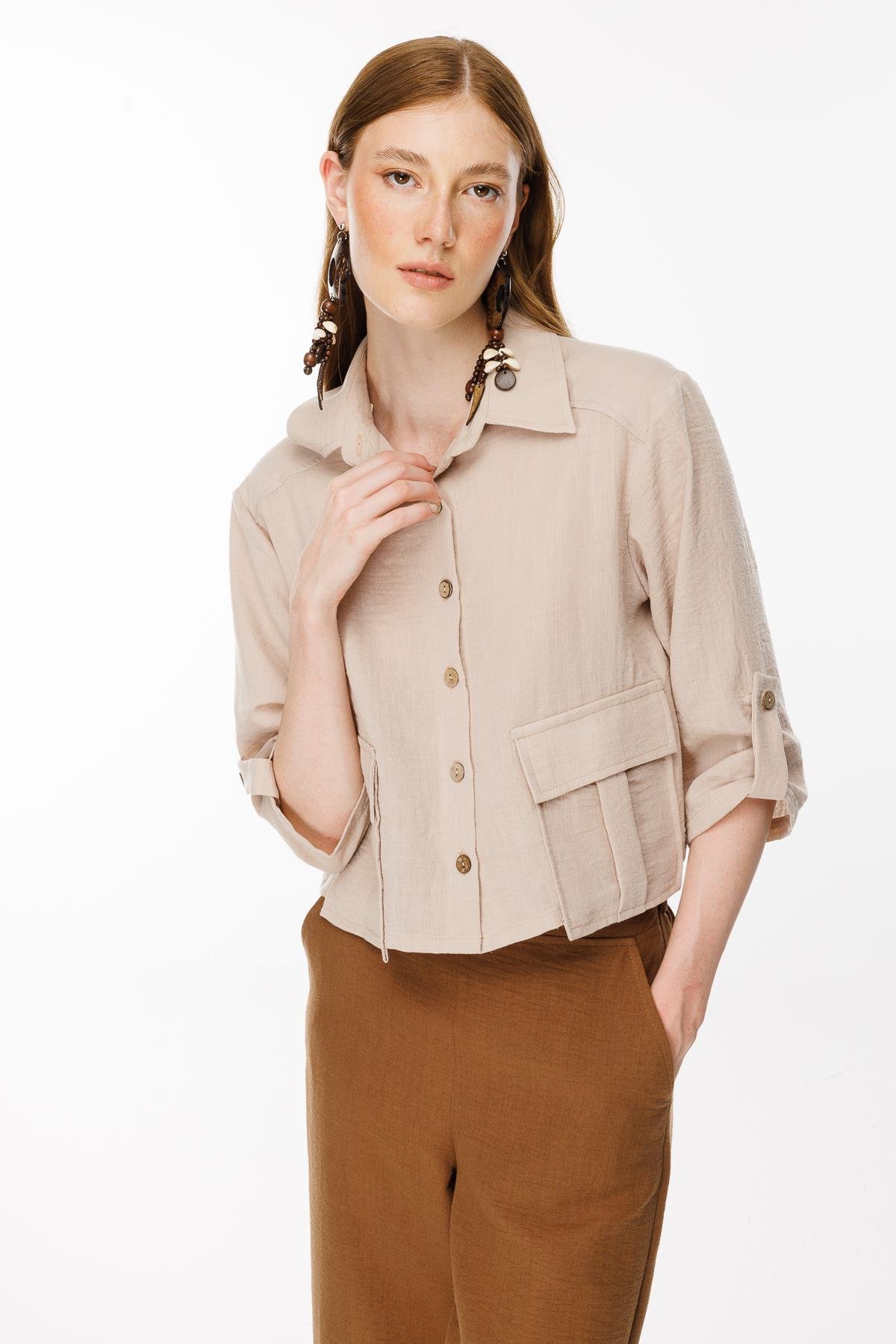 Cep Detaylı Keten Gömlek - TAŞ