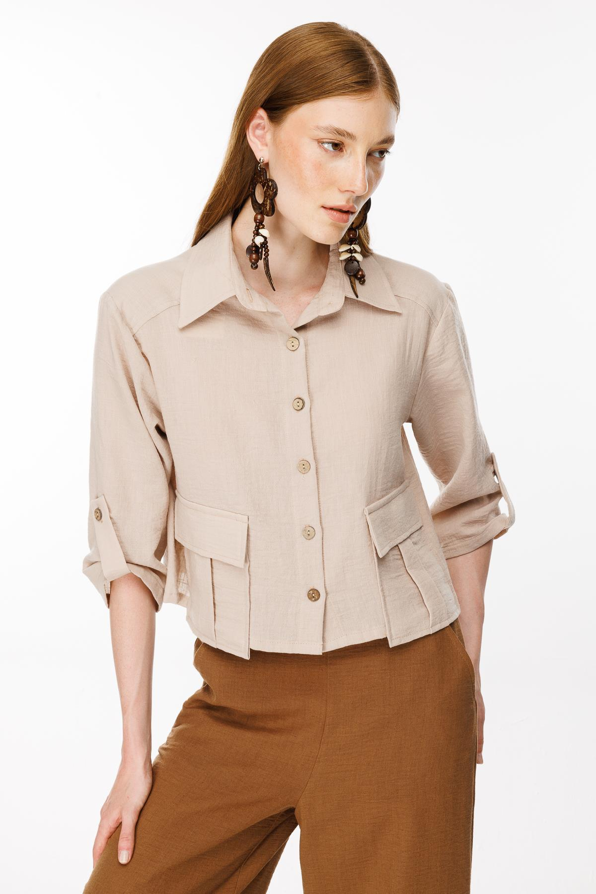 Cep Detaylı Keten Gömlek - TAŞ