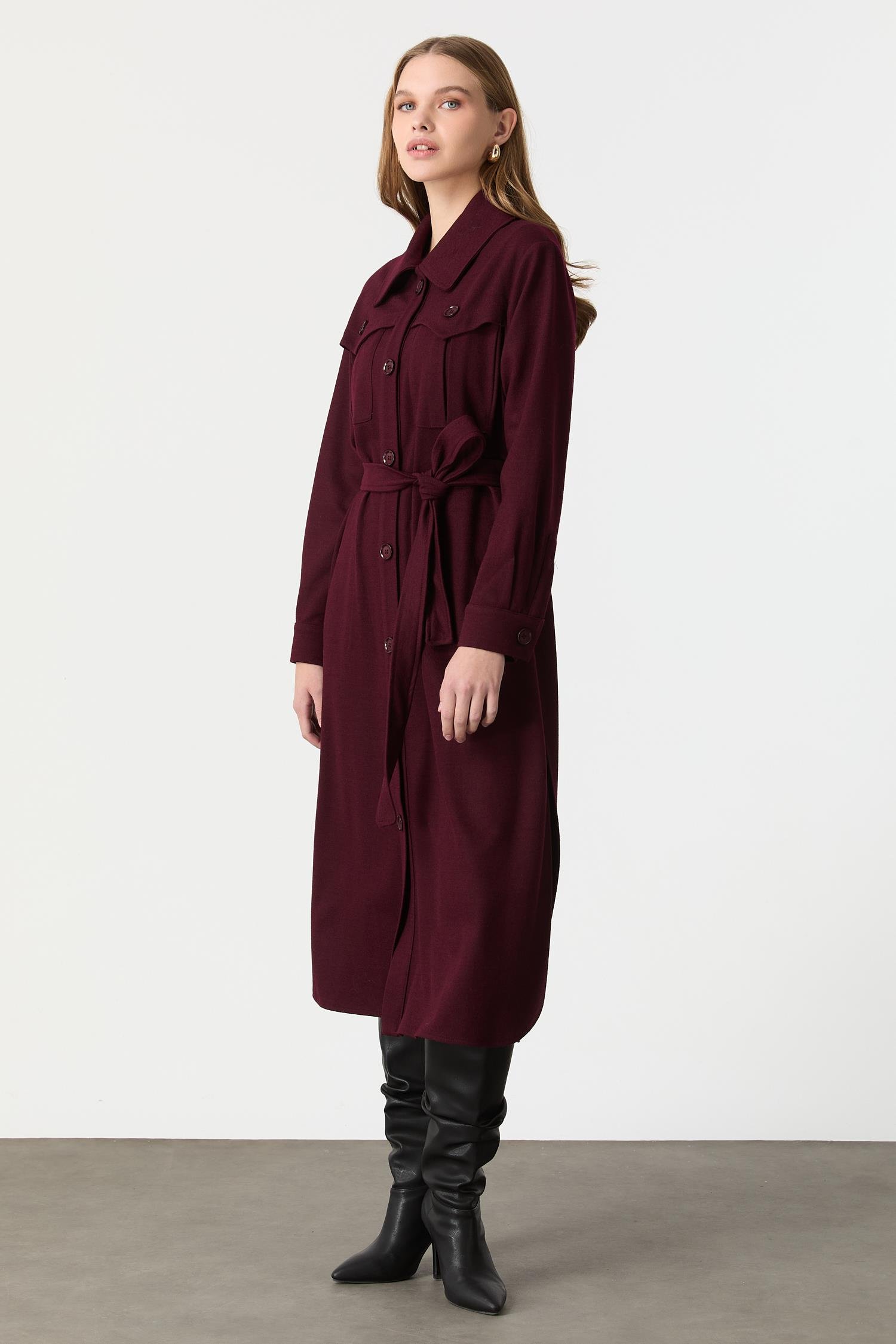 Cep Detaylı Kuşaklı Keçe Kaban-MÜRDÜM