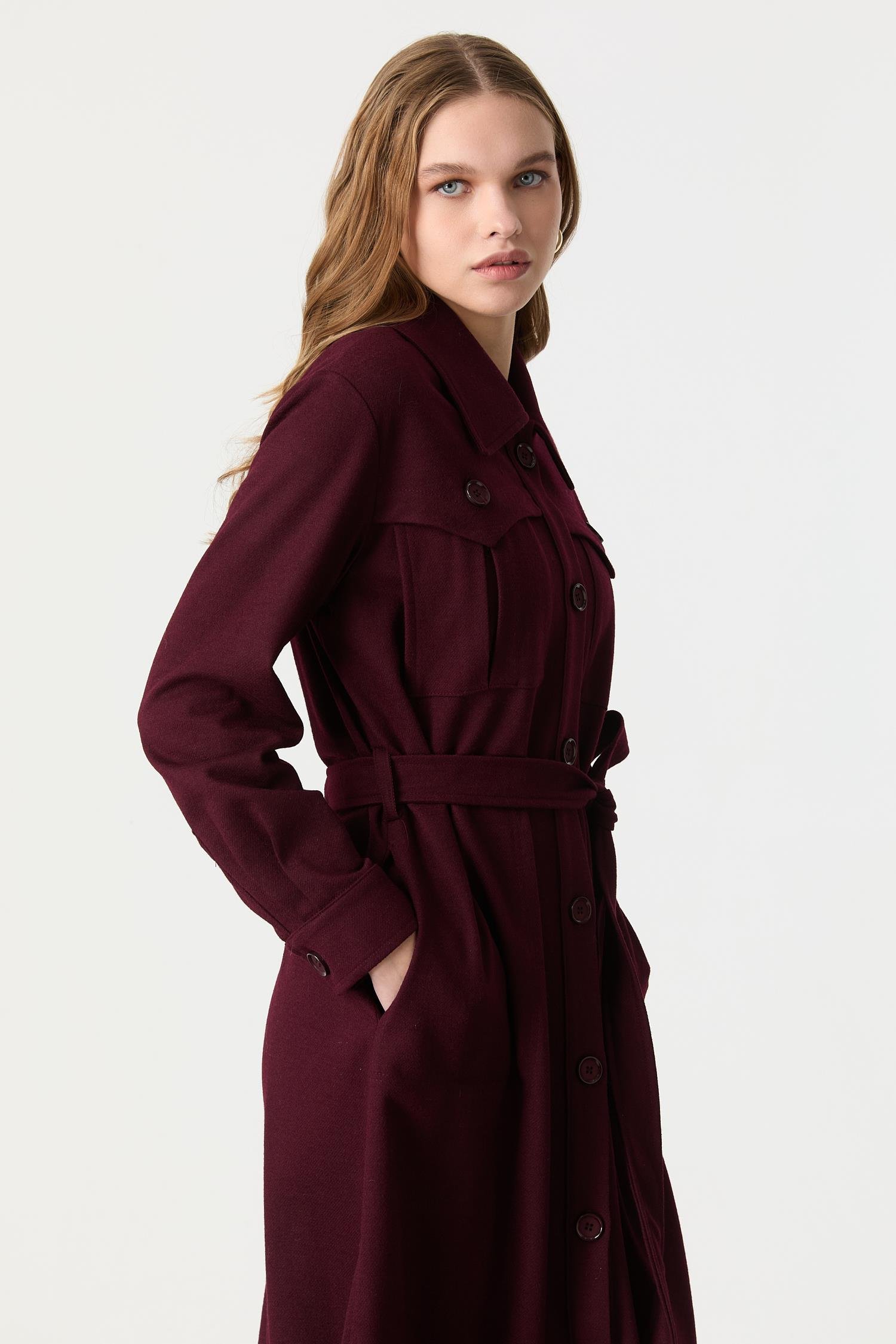 Cep Detaylı Kuşaklı Keçe Kaban-MÜRDÜM