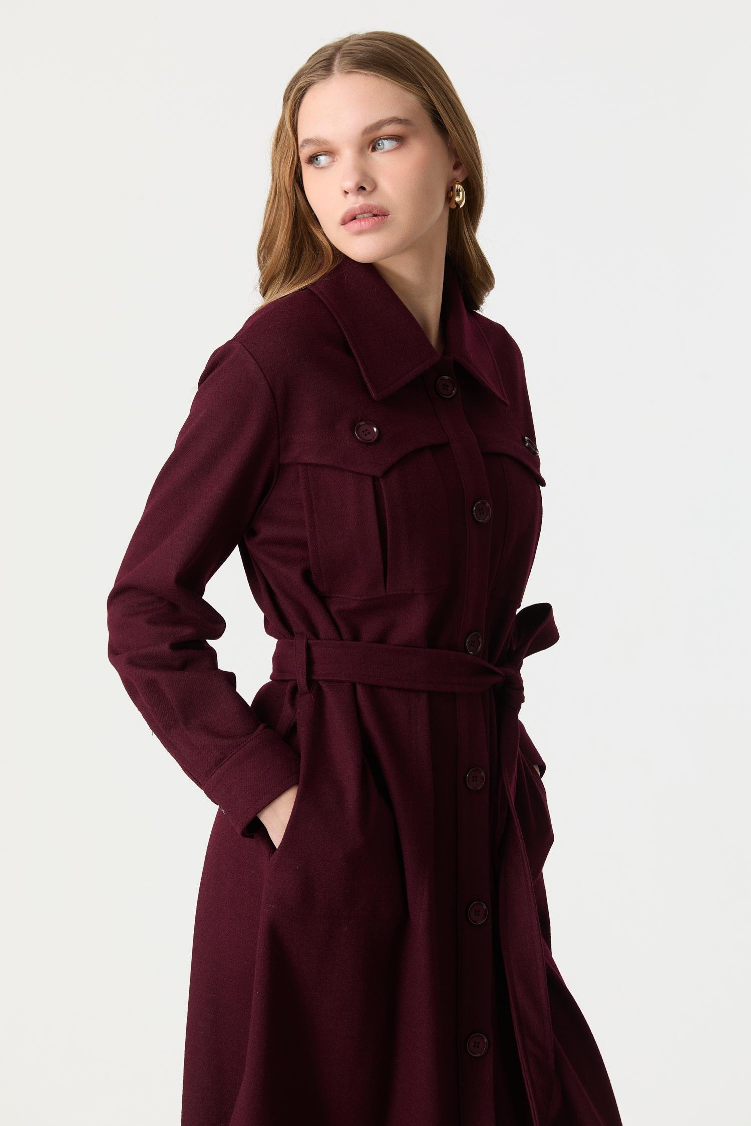 Cep Detaylı Kuşaklı Keçe Kaban-MÜRDÜM