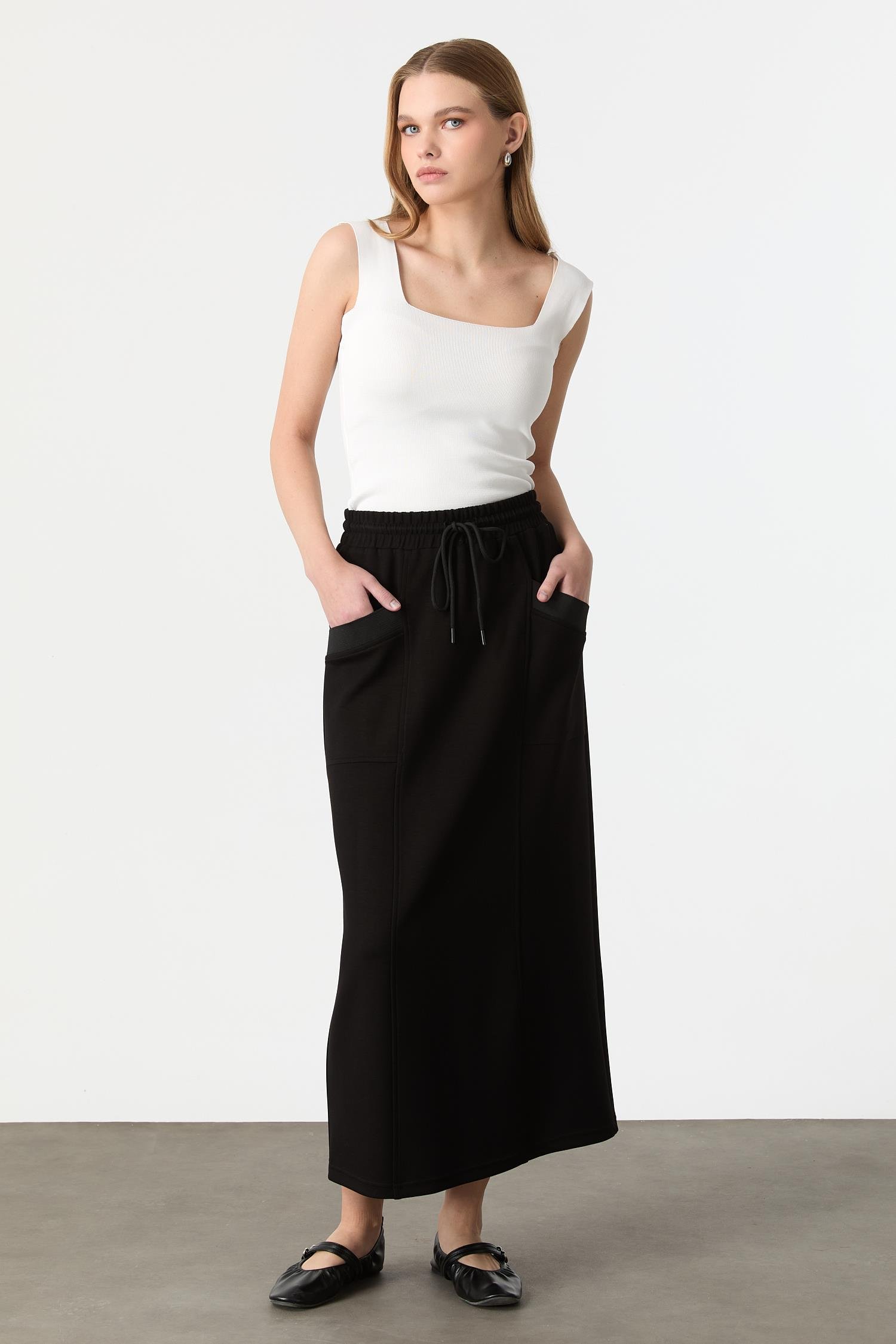 Cep Detaylı Modal Etek-SİYAH