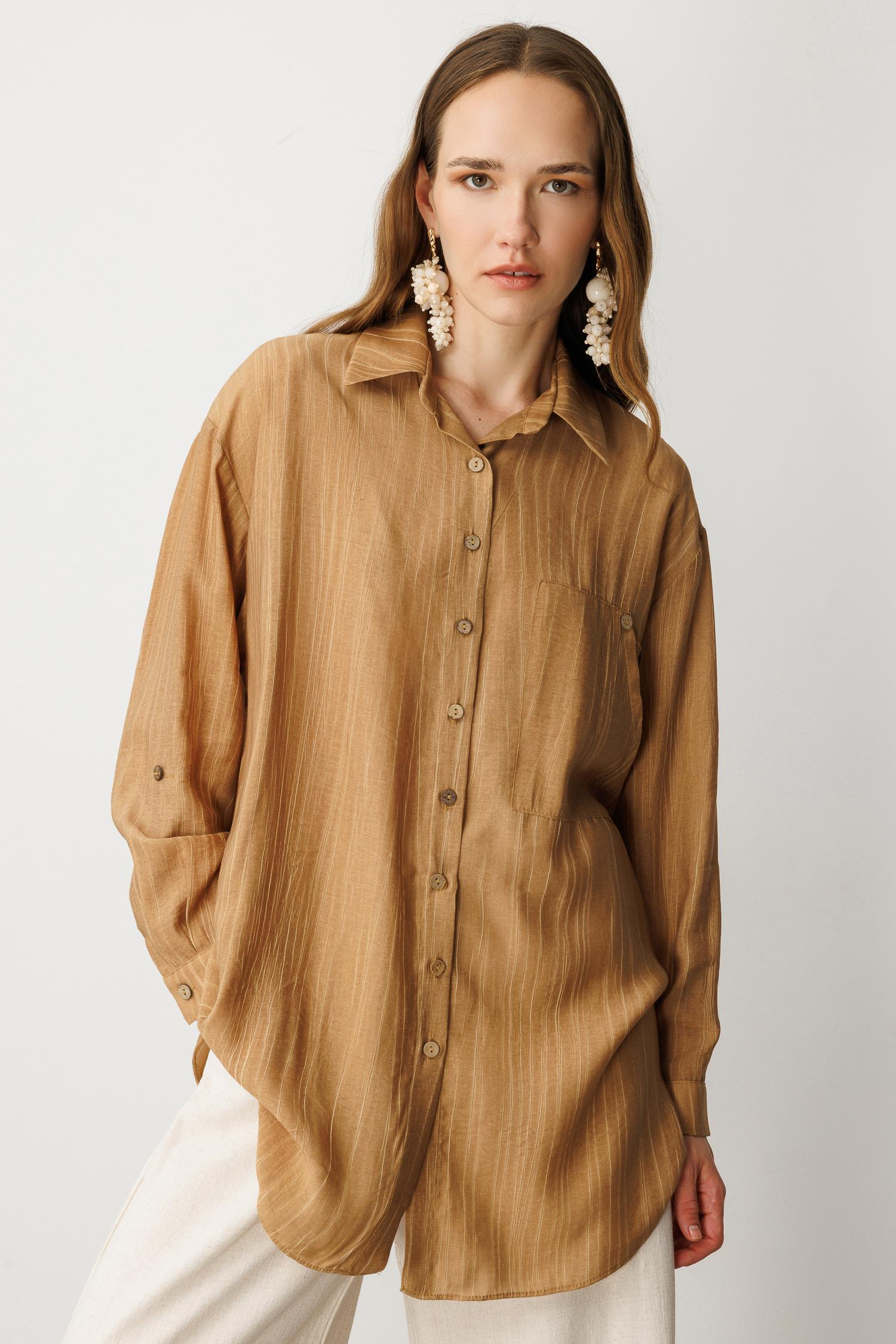 Cep Detaylı Oversize Gömlek Tunik-CAMEL