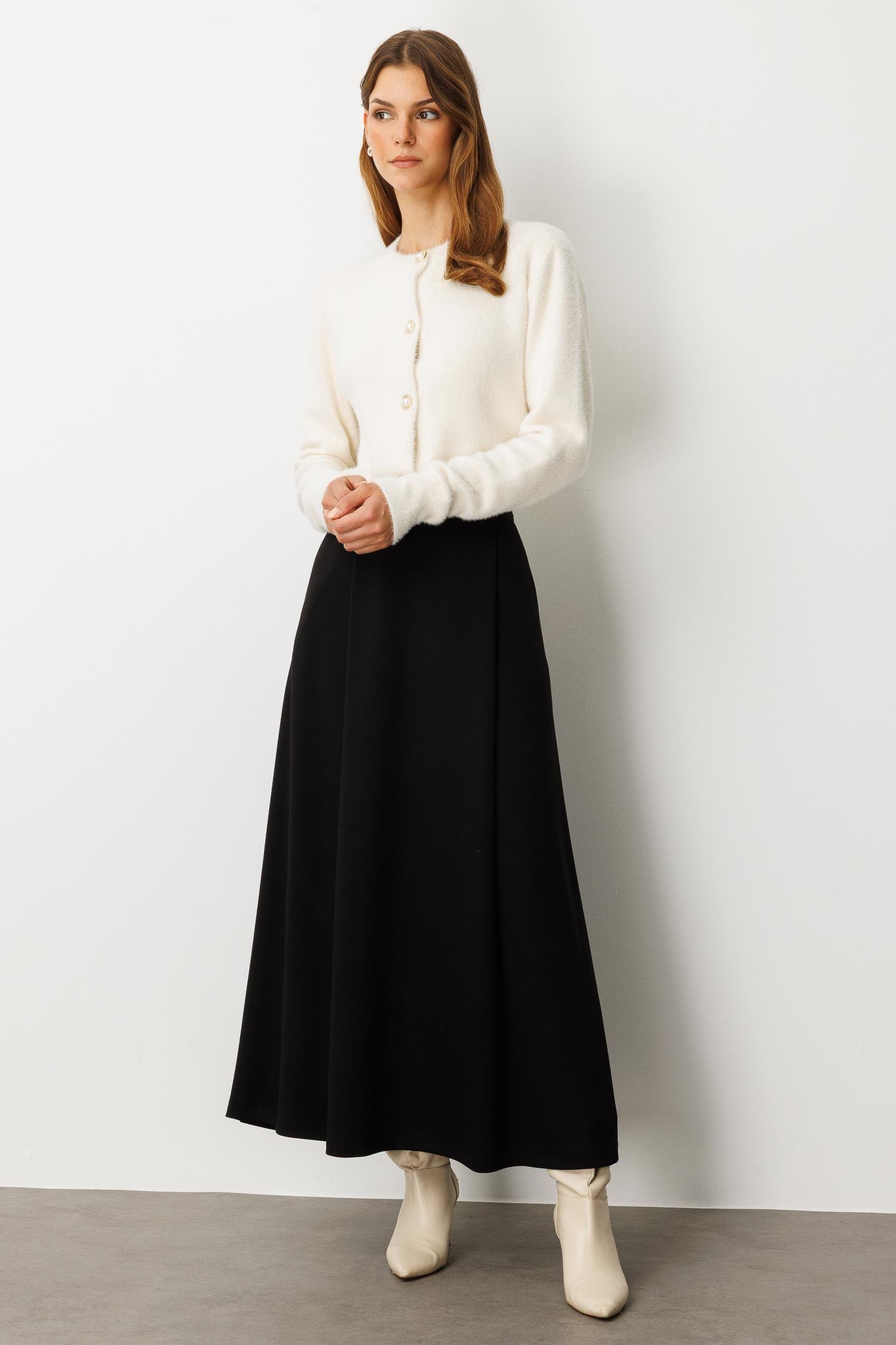 Cep Detaylı Uzun Modal Etek-SİYAH