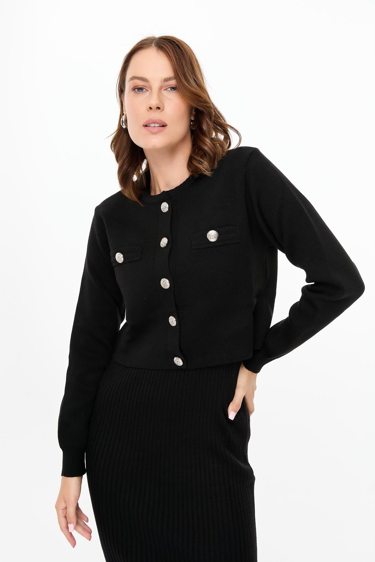 Cepli Ceket ve Triko Elbiseli Takım - SİYAH