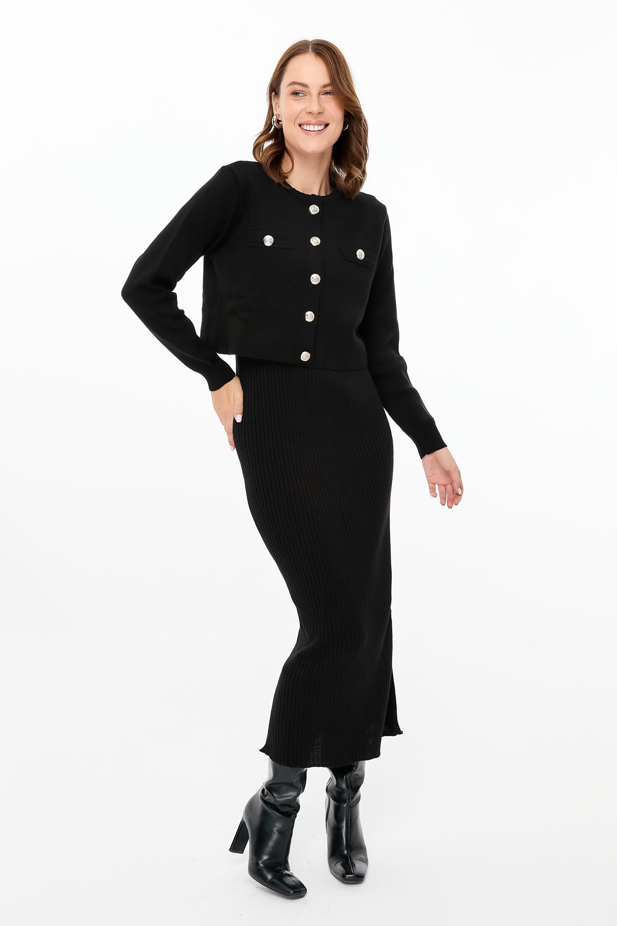 Cepli Ceket ve Triko Elbiseli Takım - SİYAH