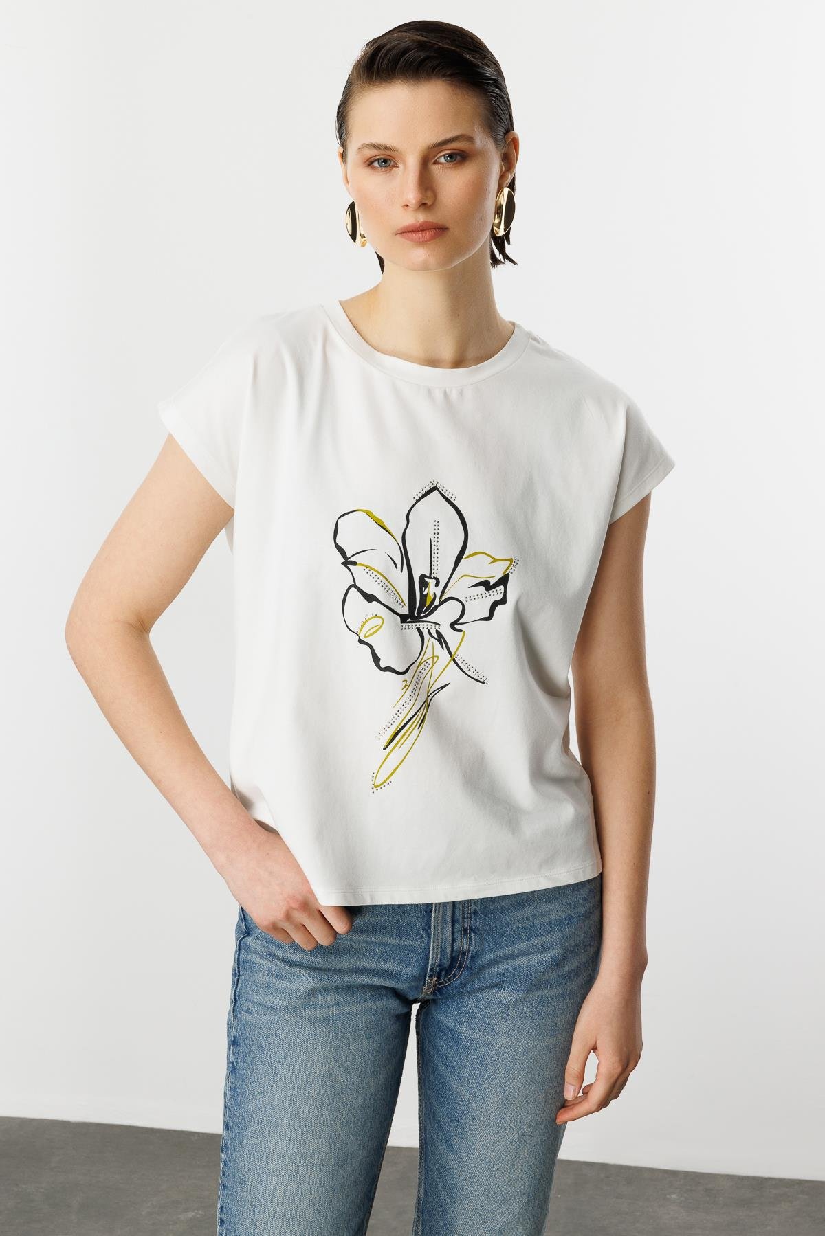 Çiçek Baskı Pamuklu Bluz-Y.YEŞİLİ