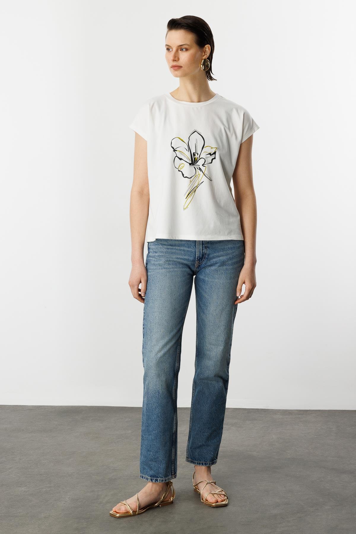 Çiçek Baskı Pamuklu Bluz-Y.YEŞİLİ