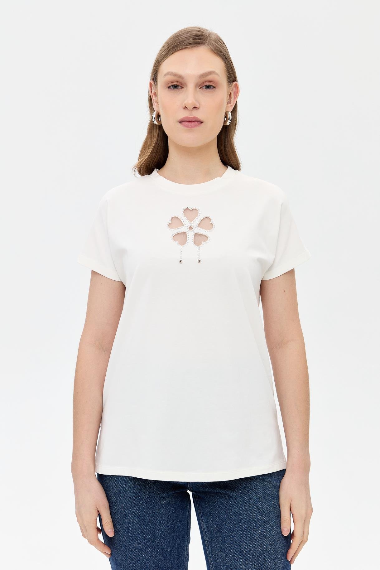 Çiçek Desen Kısa Kol Tişört - KEMIK