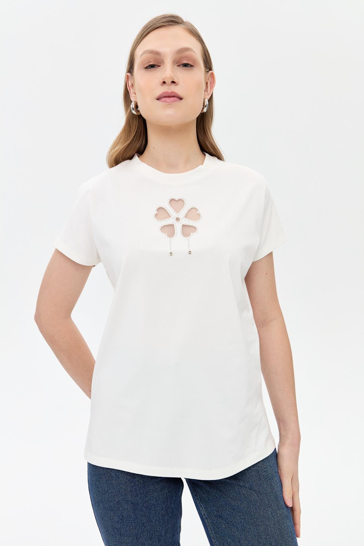 Çiçek Desen Kısa Kol Tişört - KEMIK