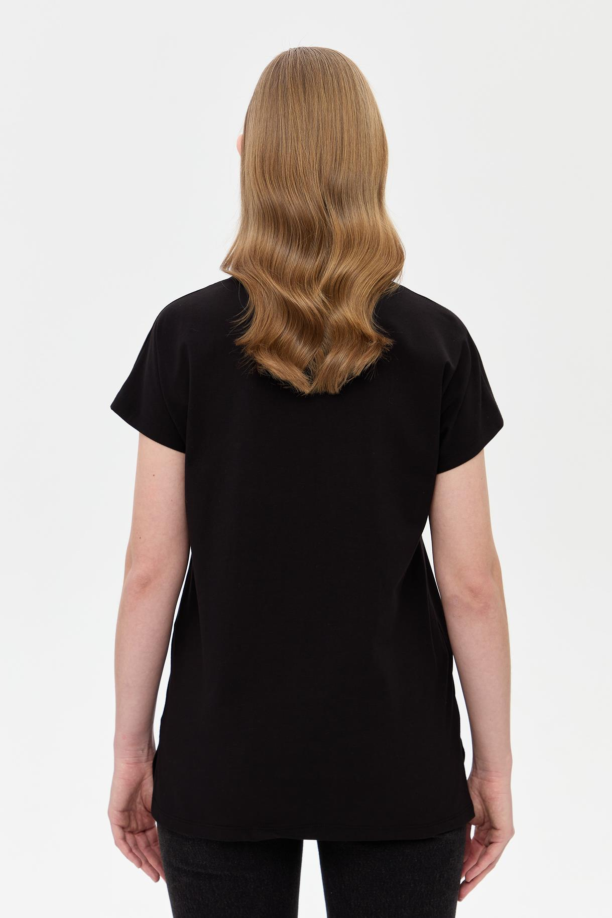 Çiçek Desen Kısa Kol Tişört - SİYAH