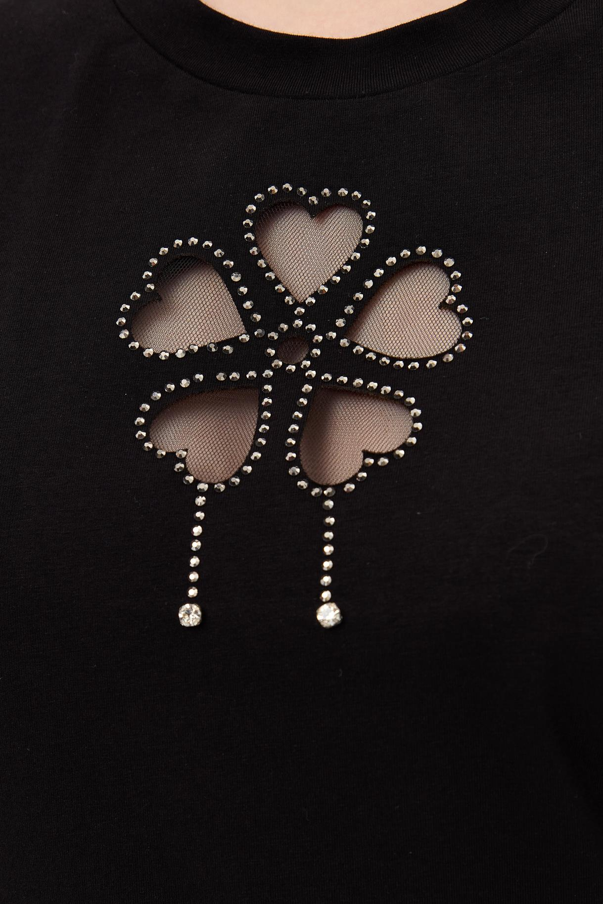 Çiçek Desen Kısa Kol Tişört - SİYAH