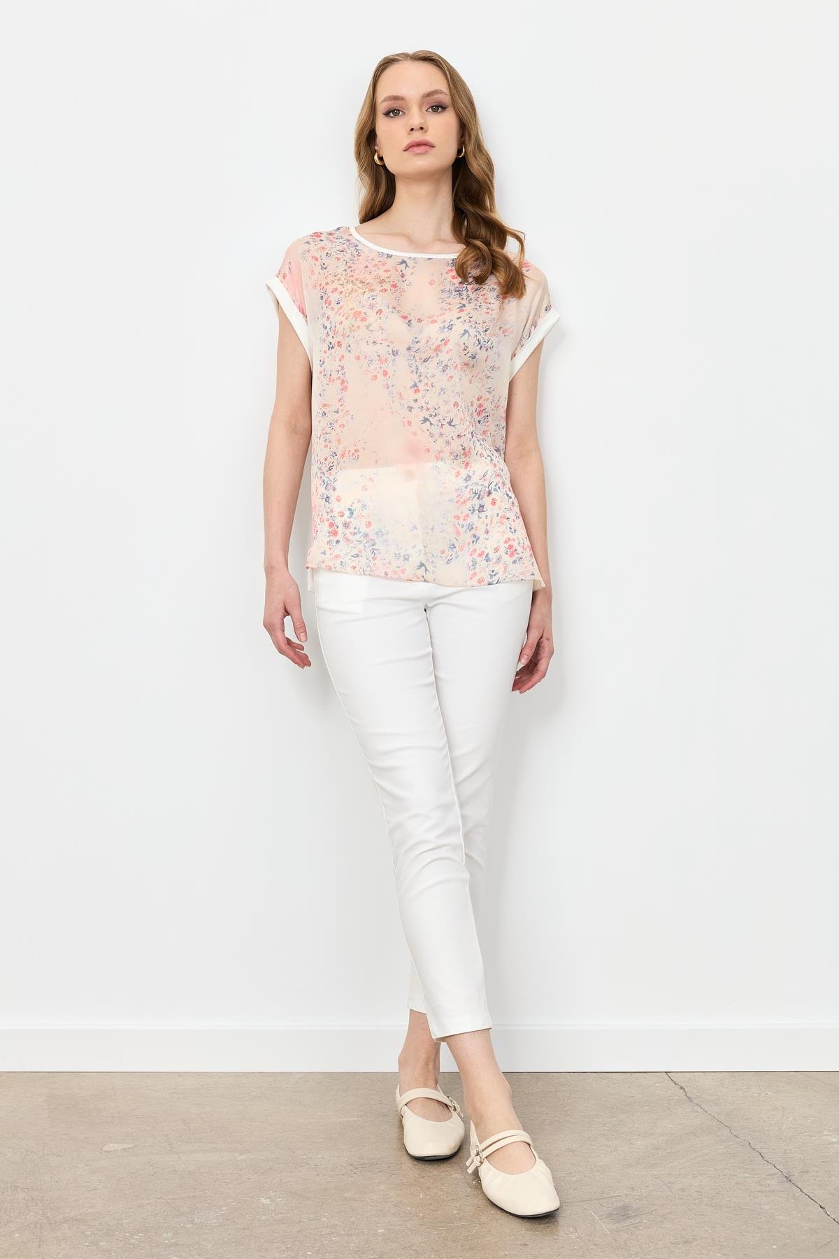 Çiçek Desen Şifon Bluz-KIRMIZI