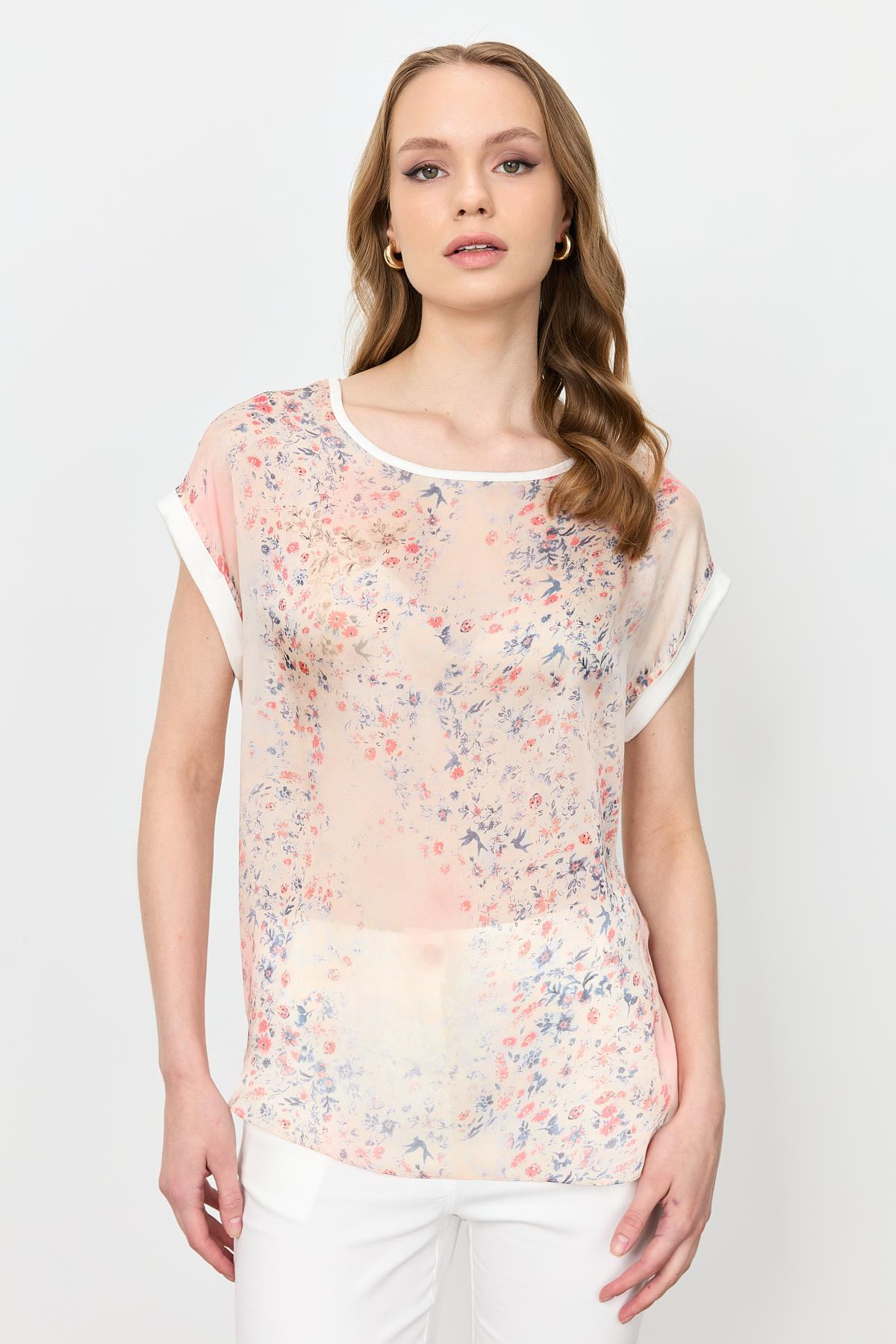 Çiçek Desen Şifon Bluz-KIRMIZI