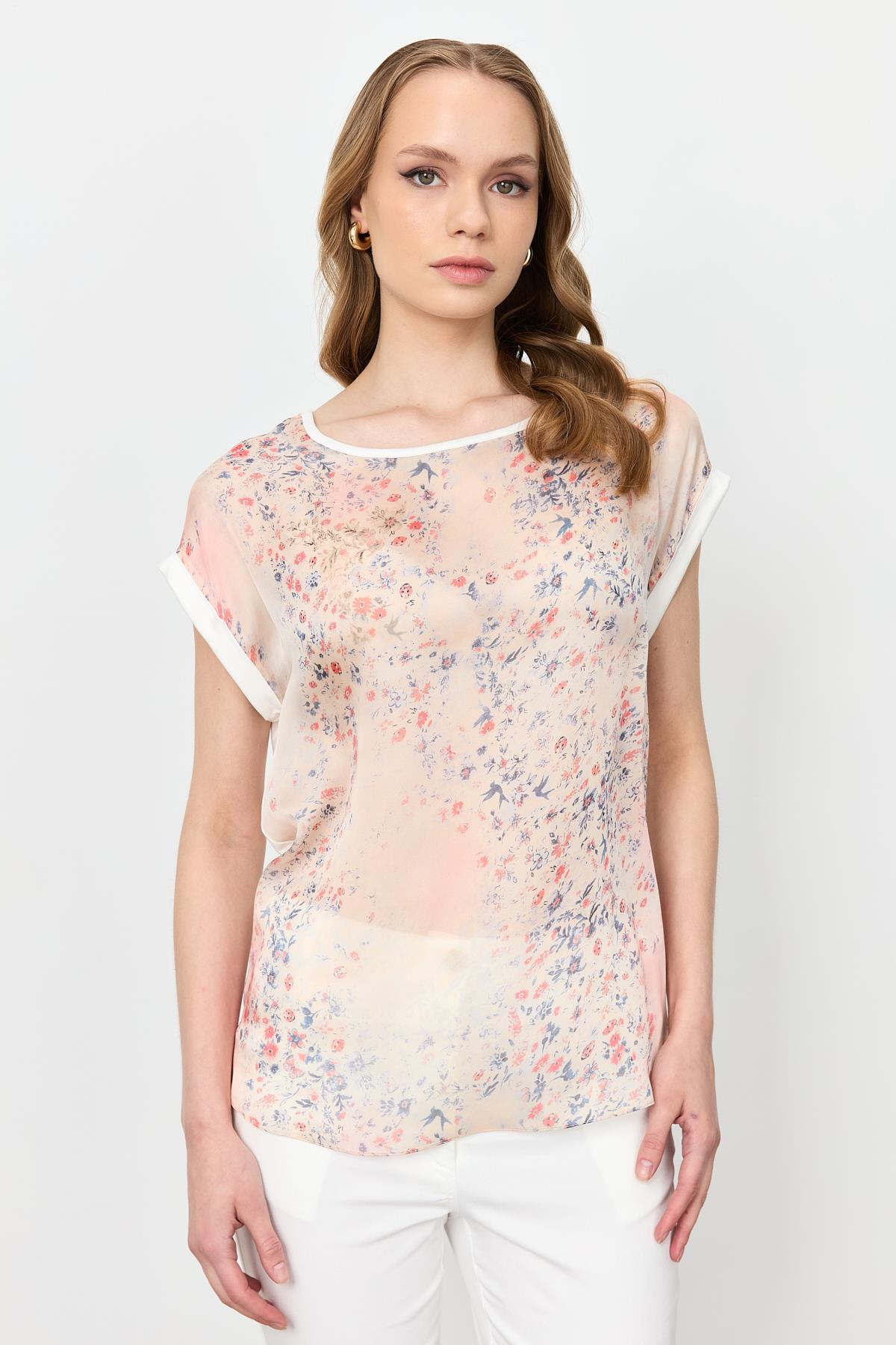 Çiçek Desen Şifon Bluz-KIRMIZI