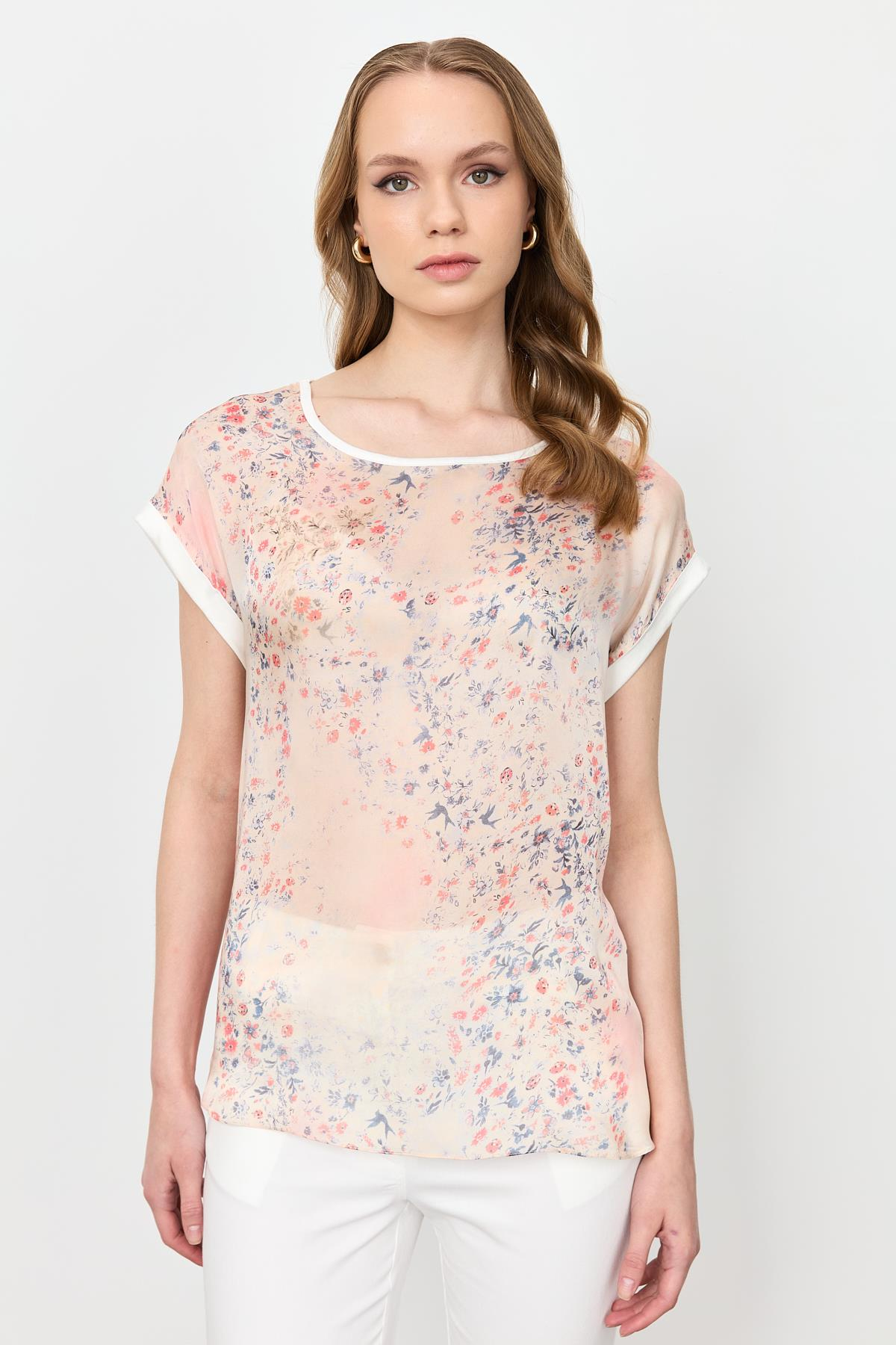 Çiçek Desen Şifon Bluz-KIRMIZI