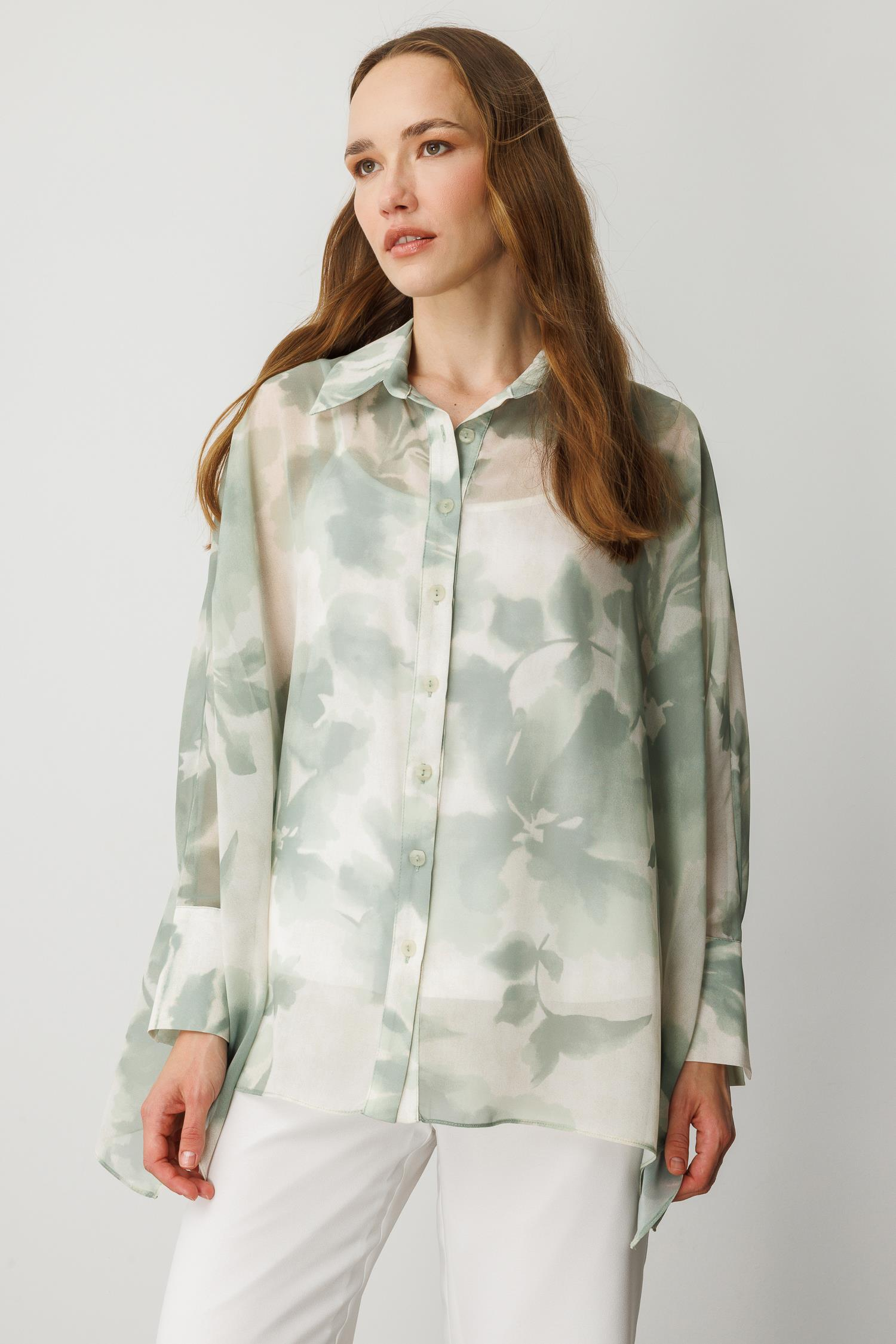 Çiçek Desenli Şifon Gömlek-YEŞİL