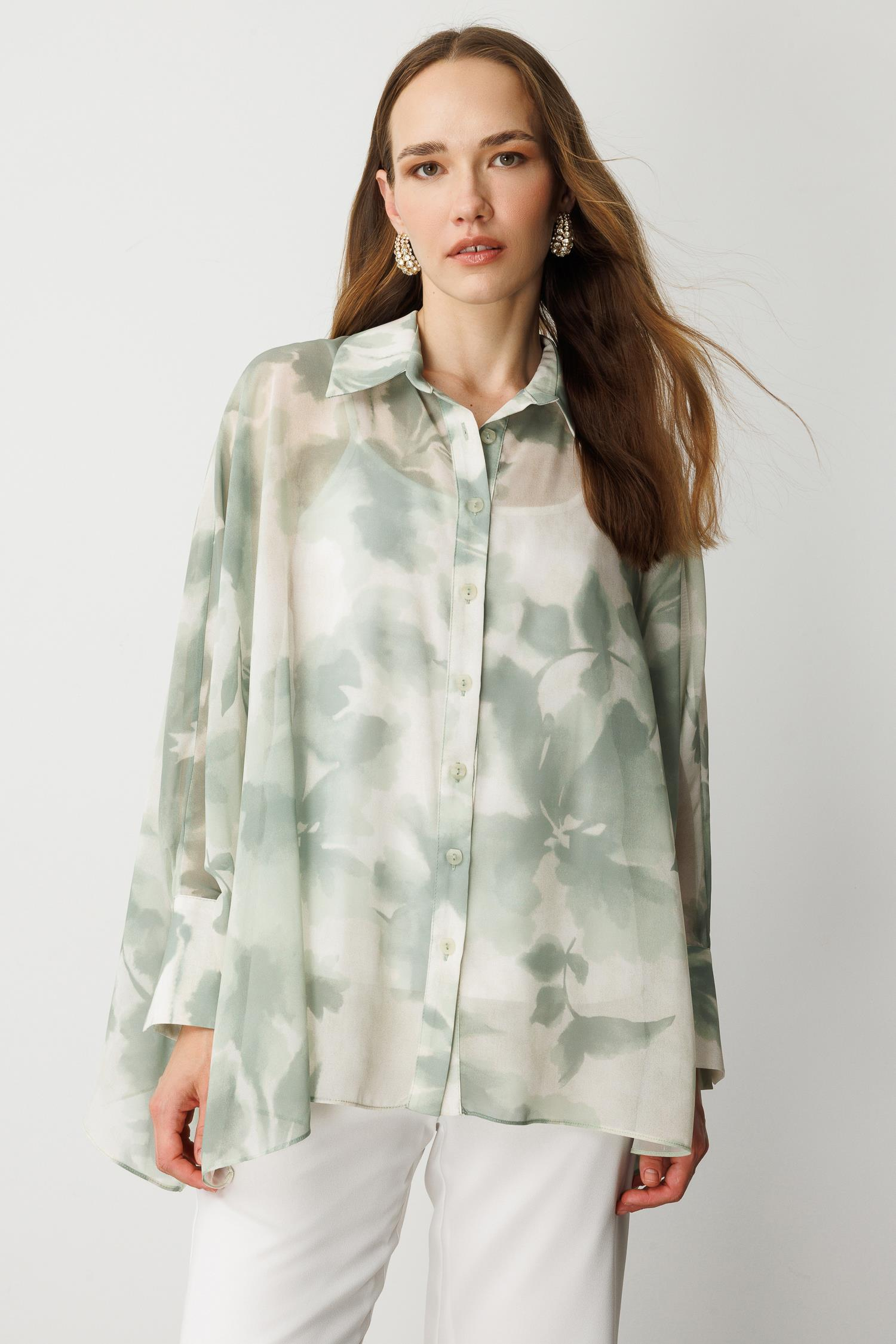 Çiçek Desenli Şifon Gömlek-YEŞİL