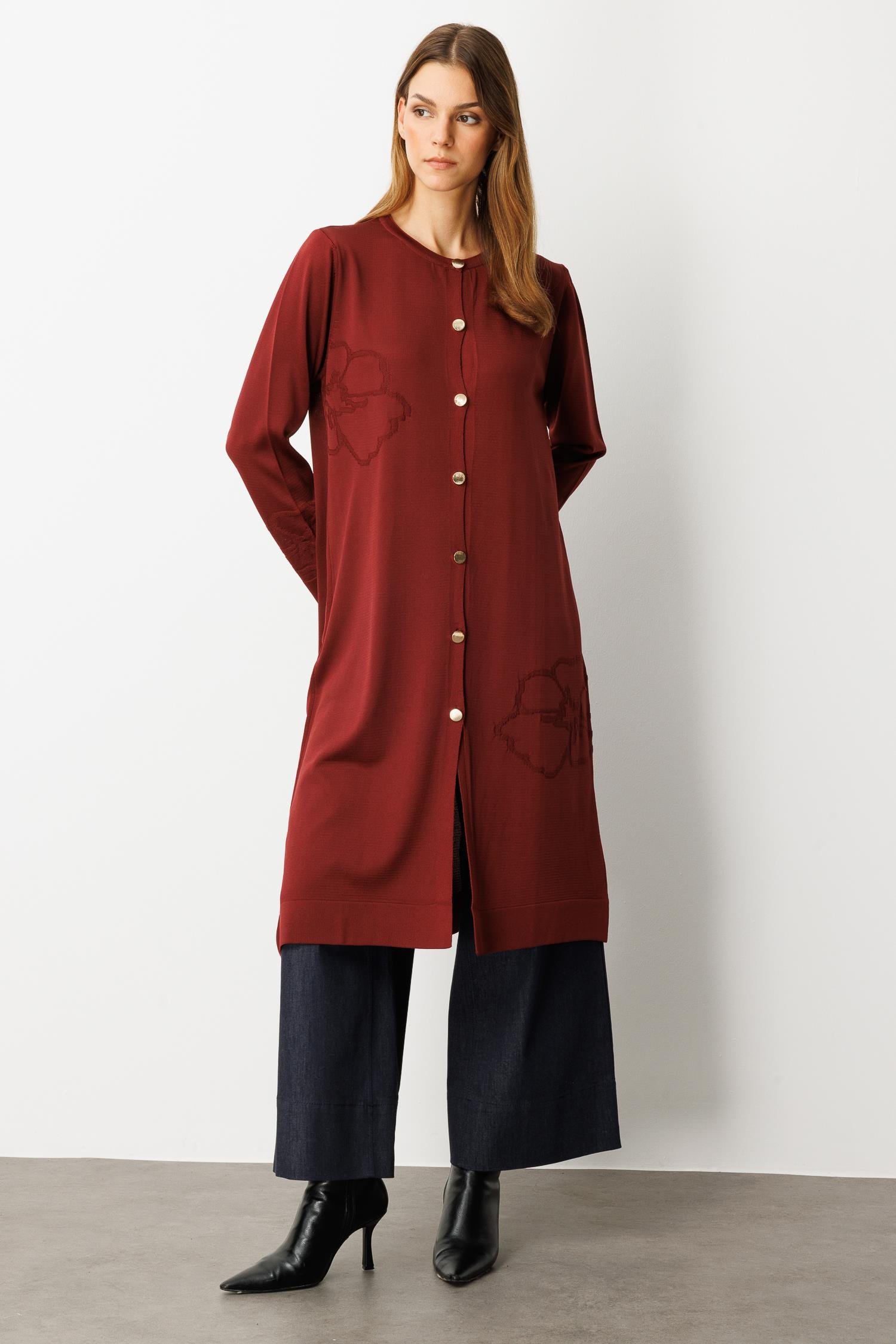 Çiçek Desenli Uzun Triko Hırka-BORDO