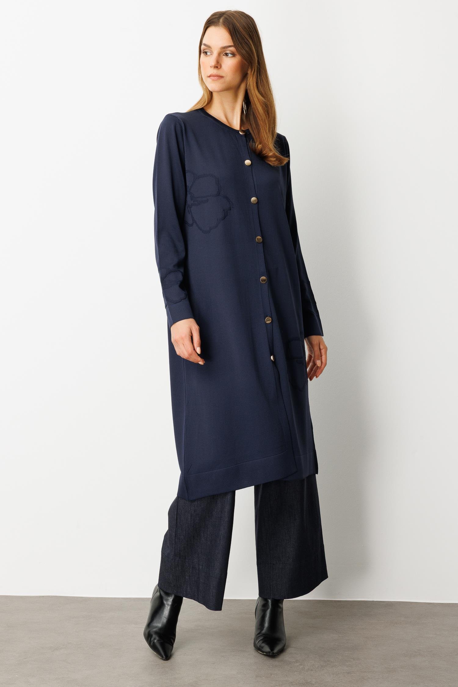 Çiçek Desenli Uzun Triko Hırka-LACI