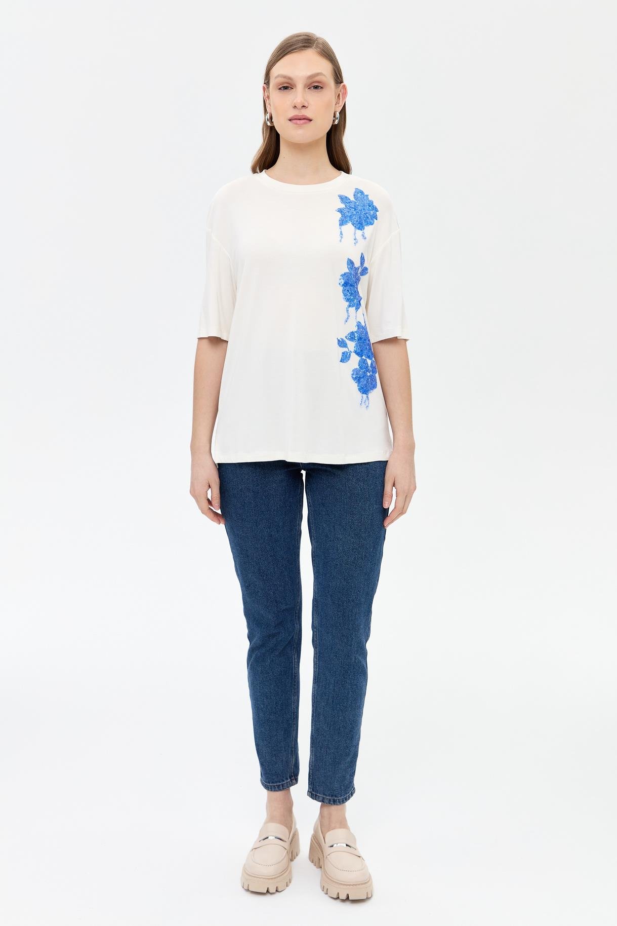 Çiçek İşlemeli Kısa Kollu Tişört - SAX