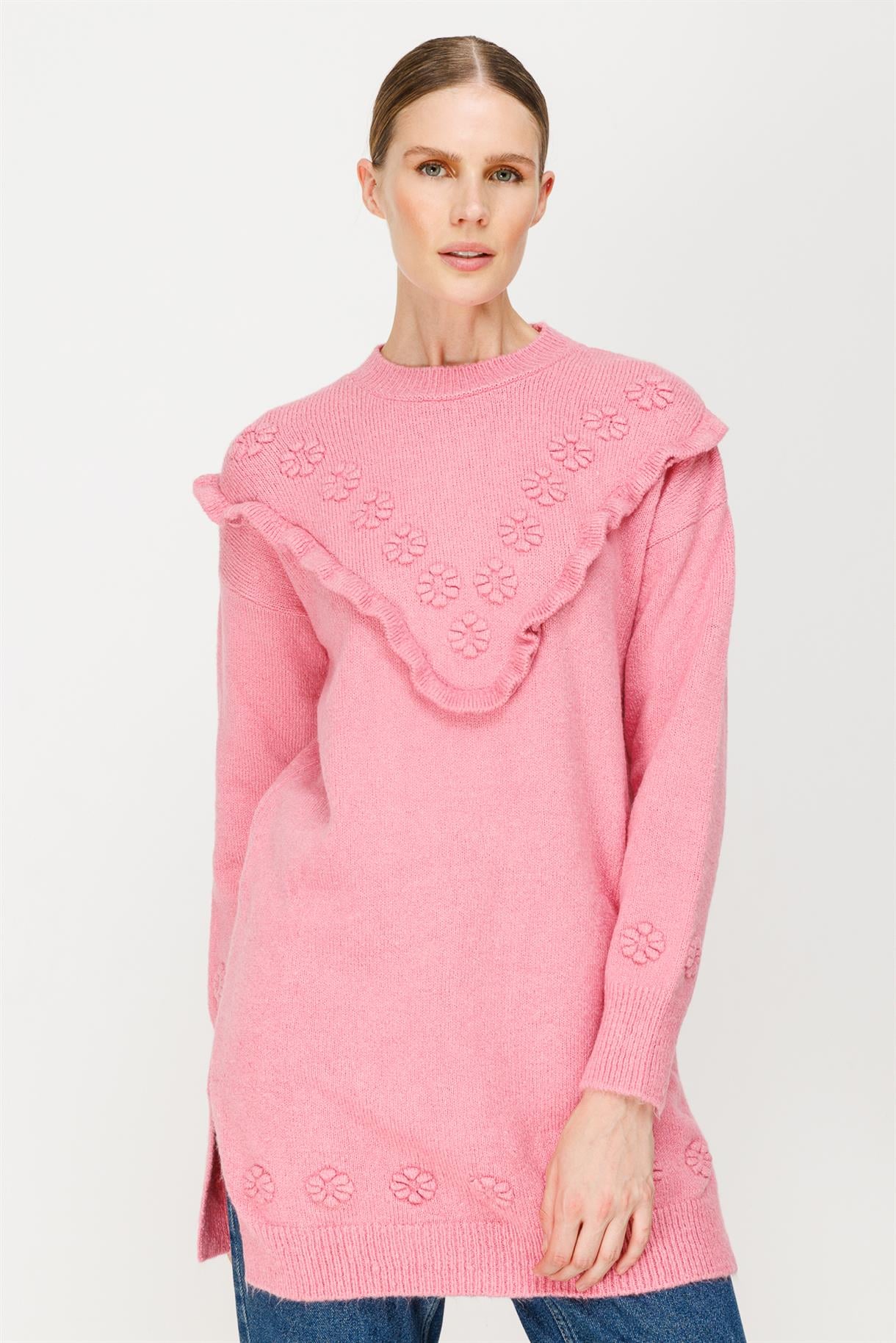 Çiçek Motifli Volanlı Triko Tunik - PEMBE