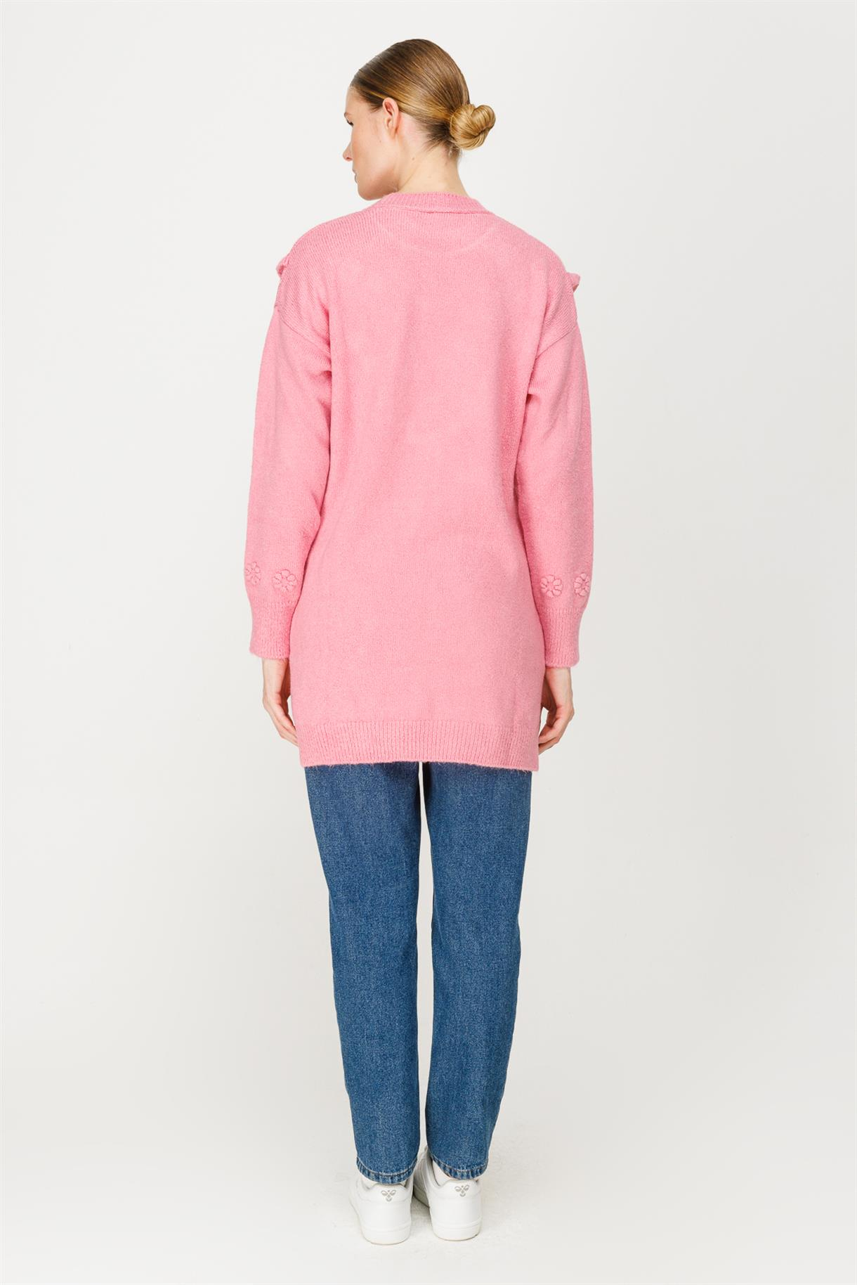 Çiçek Motifli Volanlı Triko Tunik - PEMBE