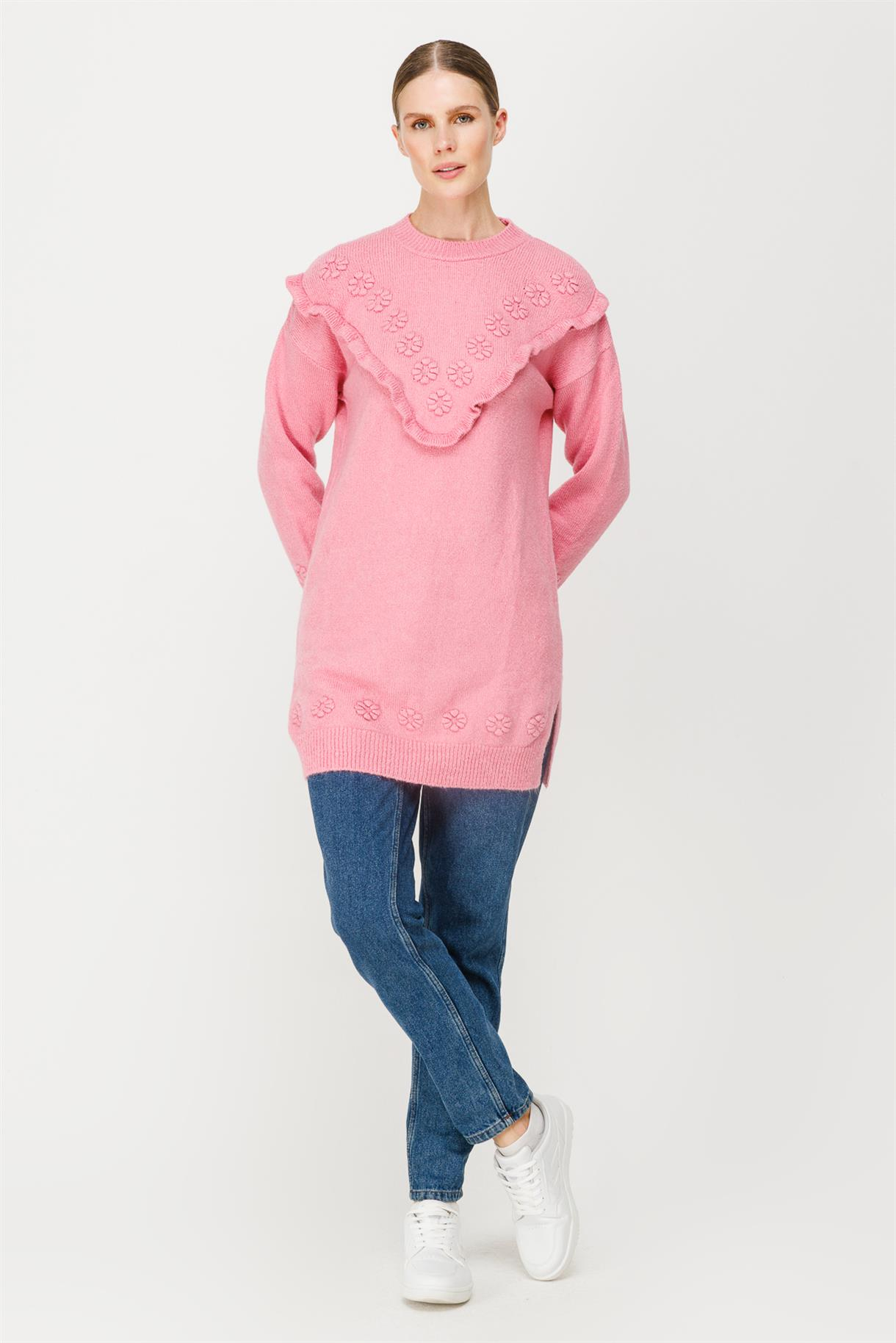 Çiçek Motifli Volanlı Triko Tunik - PEMBE