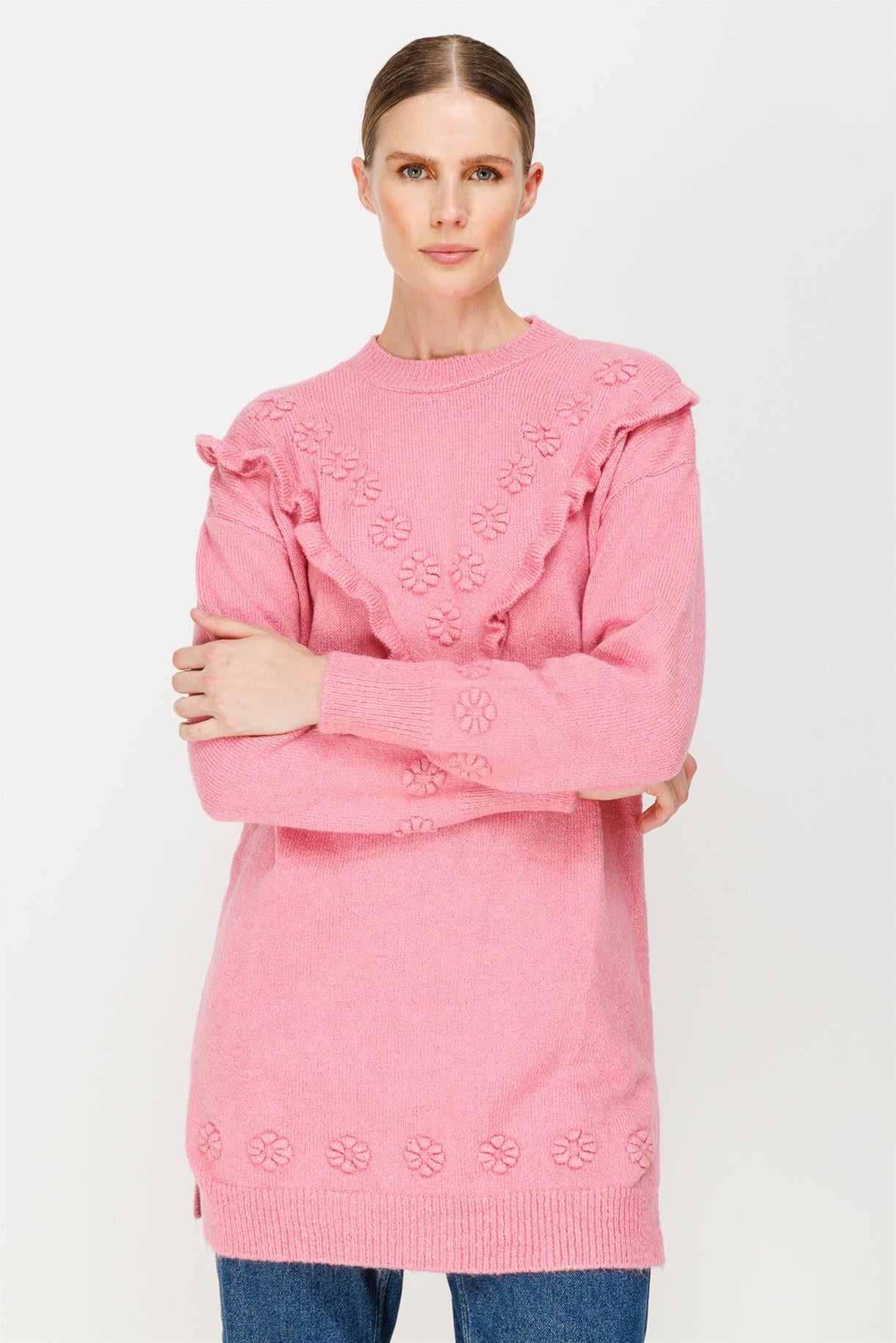 Çiçek Motifli Volanlı Triko Tunik - PEMBE