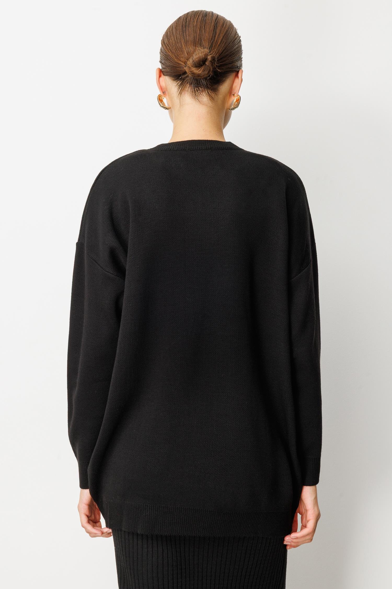 Çiçek Taş Detaylı Triko Tunik Kazak-SİYAH