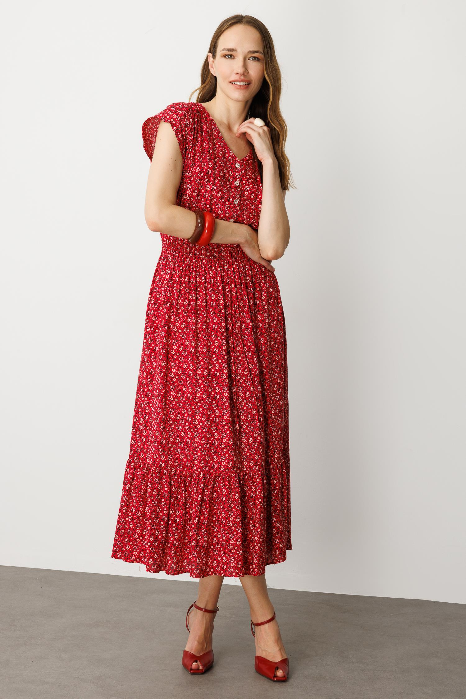 Çiçekli Viskon Elbise-KIRMIZI