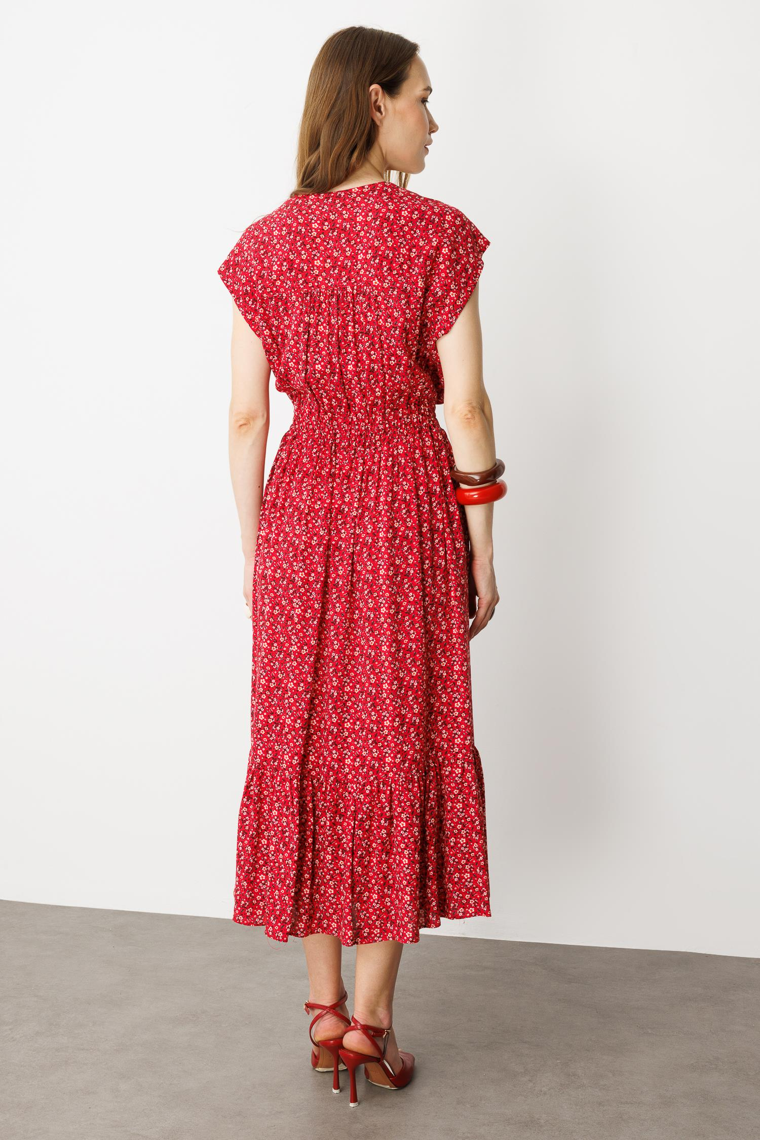 Çiçekli Viskon Elbise-KIRMIZI