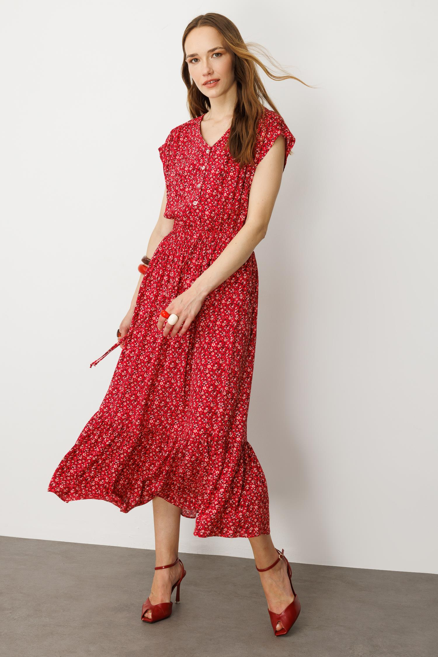 Çiçekli Viskon Elbise-KIRMIZI