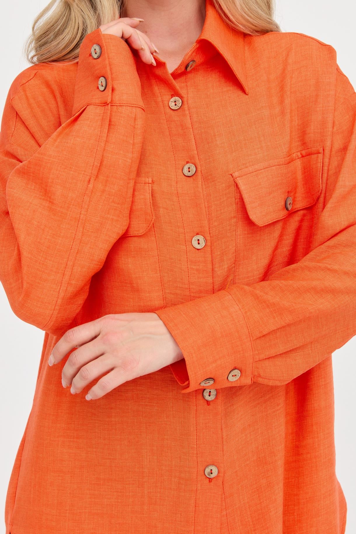 Çift Cepli Keten Gömlek - ORANJE
