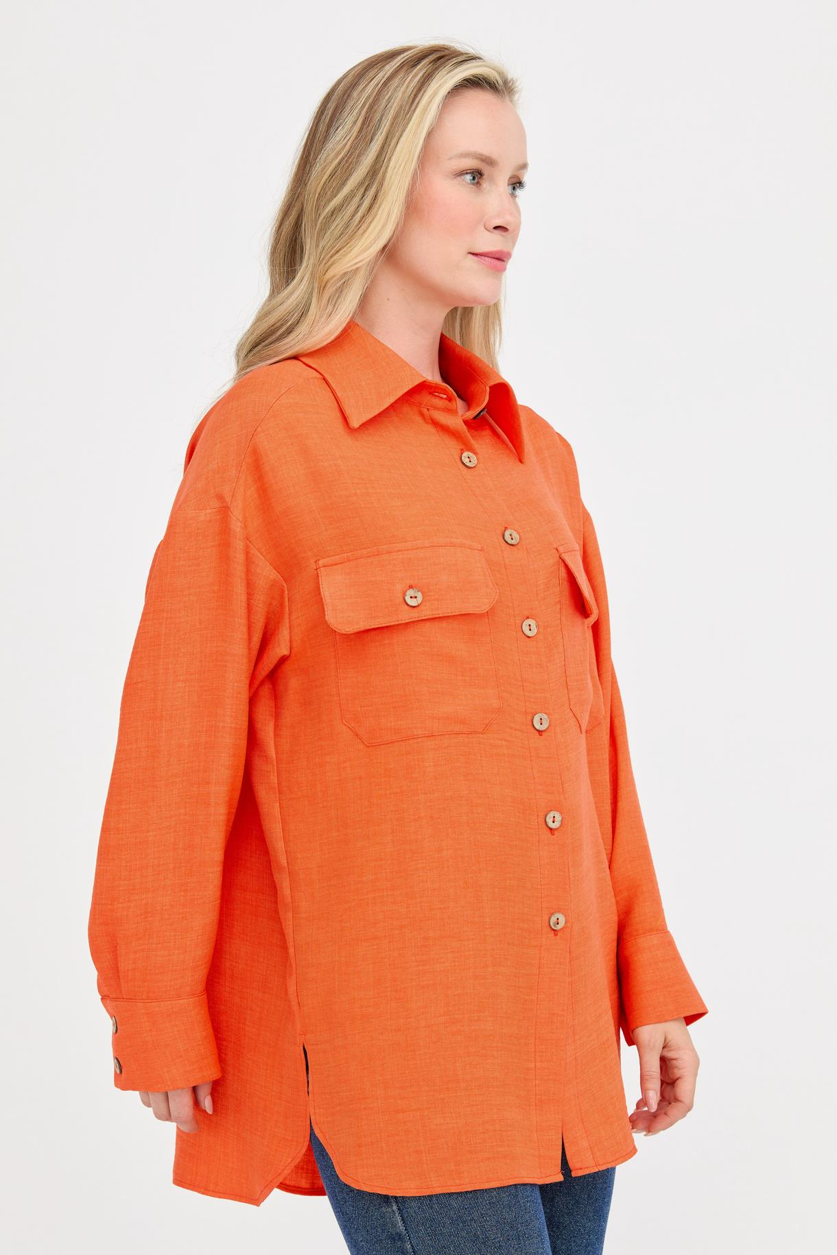 Çift Cepli Keten Gömlek - ORANJE