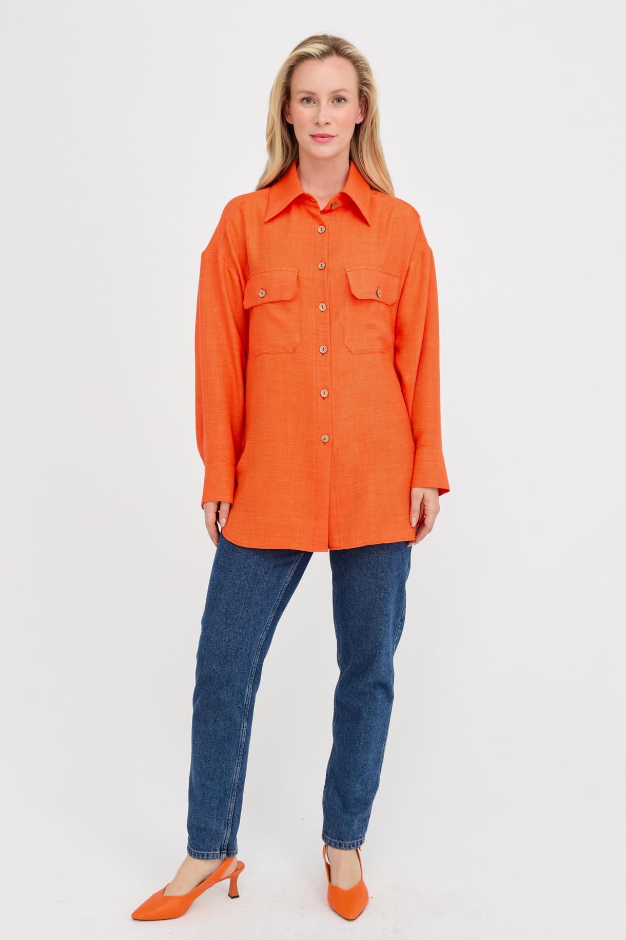 Çift Cepli Keten Gömlek - ORANJE