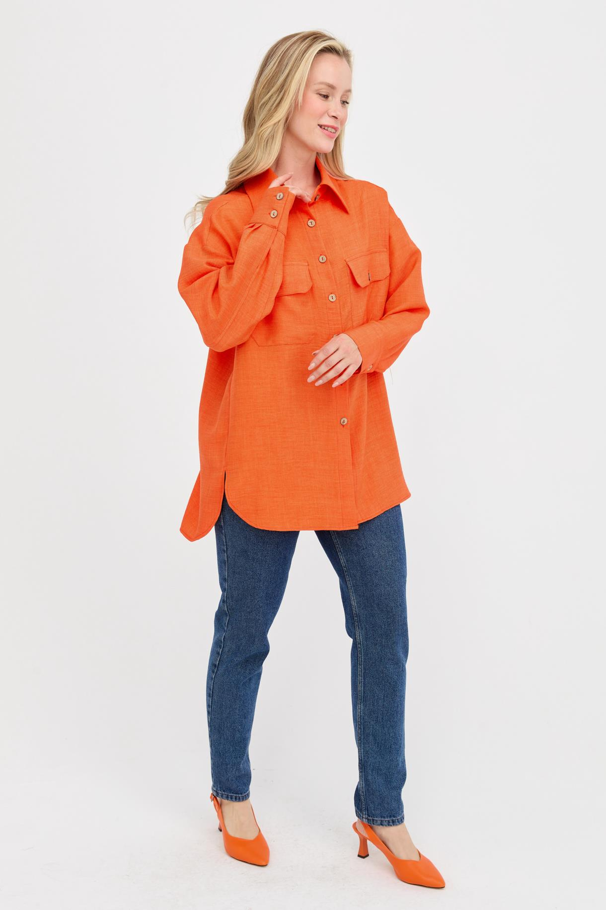 Çift Cepli Keten Gömlek - ORANJE