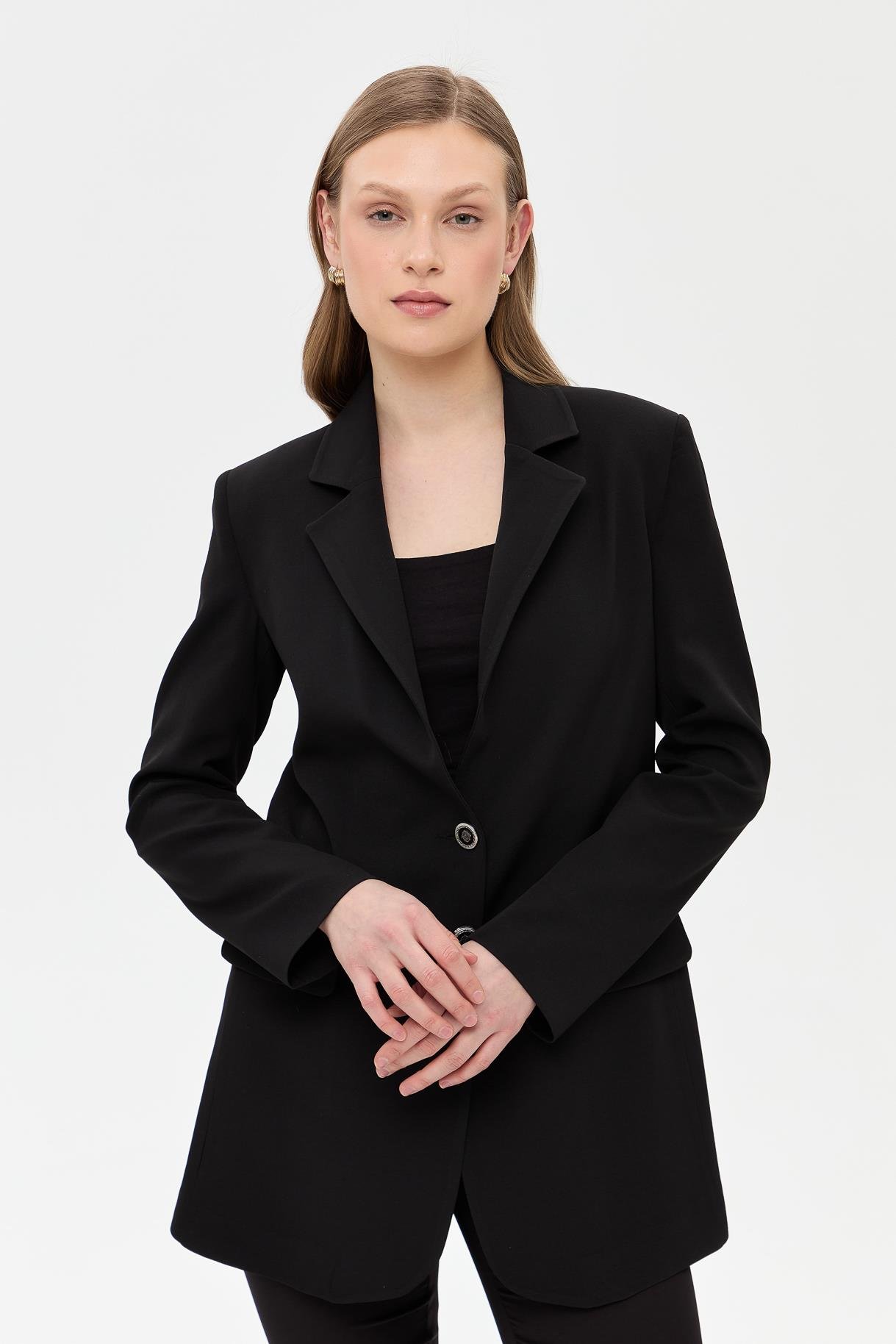 Çift Düğmeli Cep Detaylı Krep Ceket - SİYAH